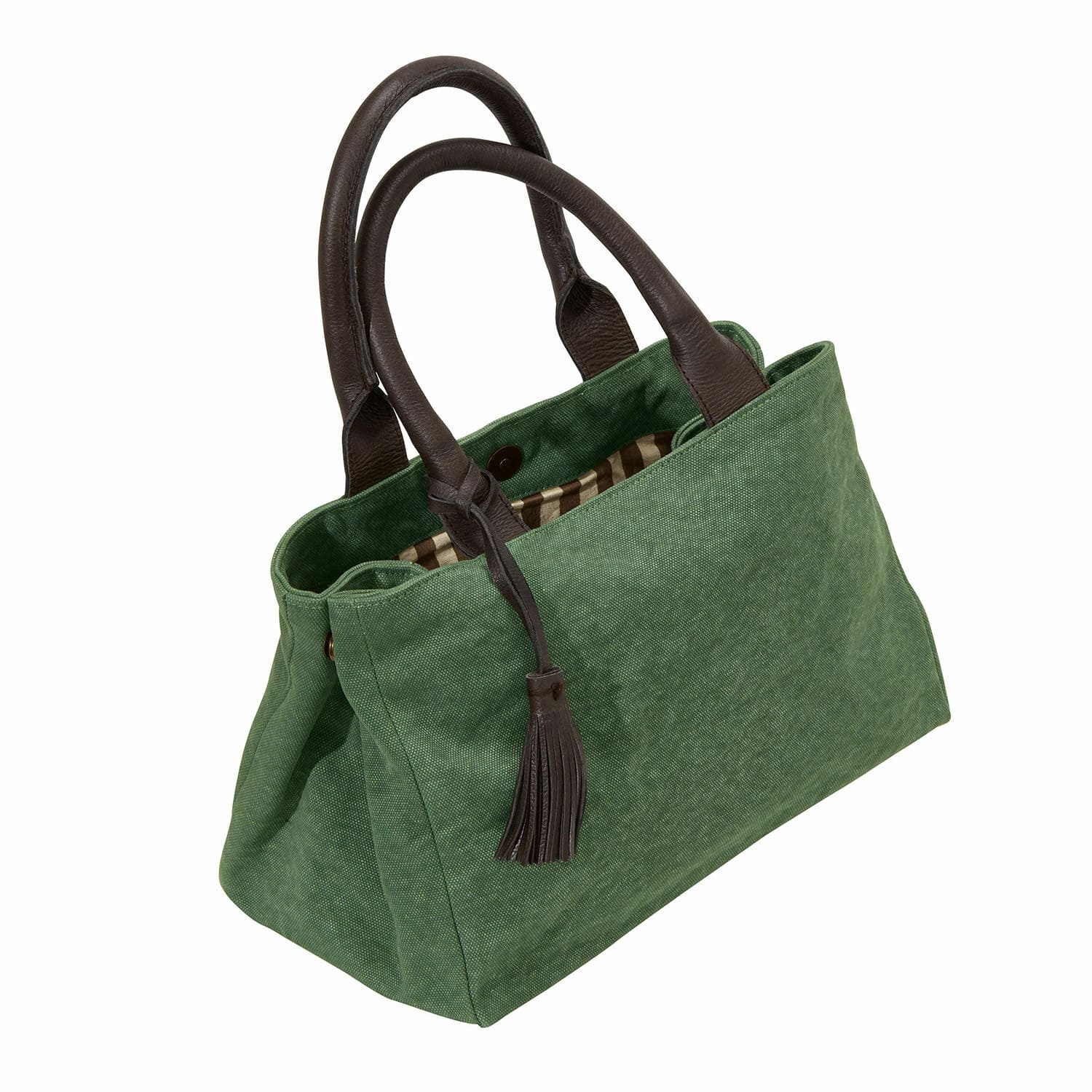Tas Hoya Groene stoffen tas met bruine leren handvatten en kwastje, modieuze dagelijkse accessoire