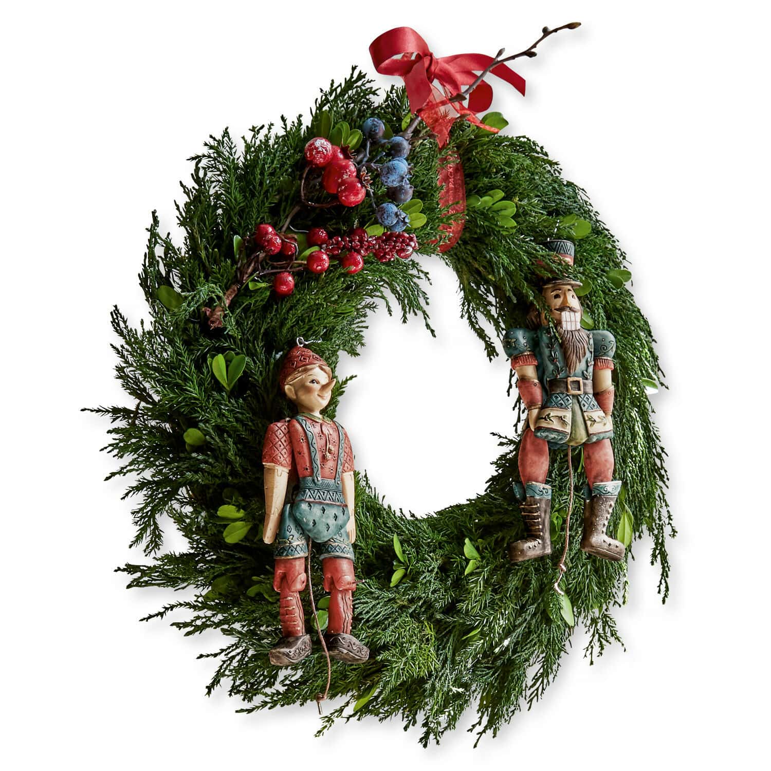 Couronne Dahab Couronne de Noël en branches vertes avec baies rouges et bleues, décorée de figurines en bois de casse-noisette et garçon