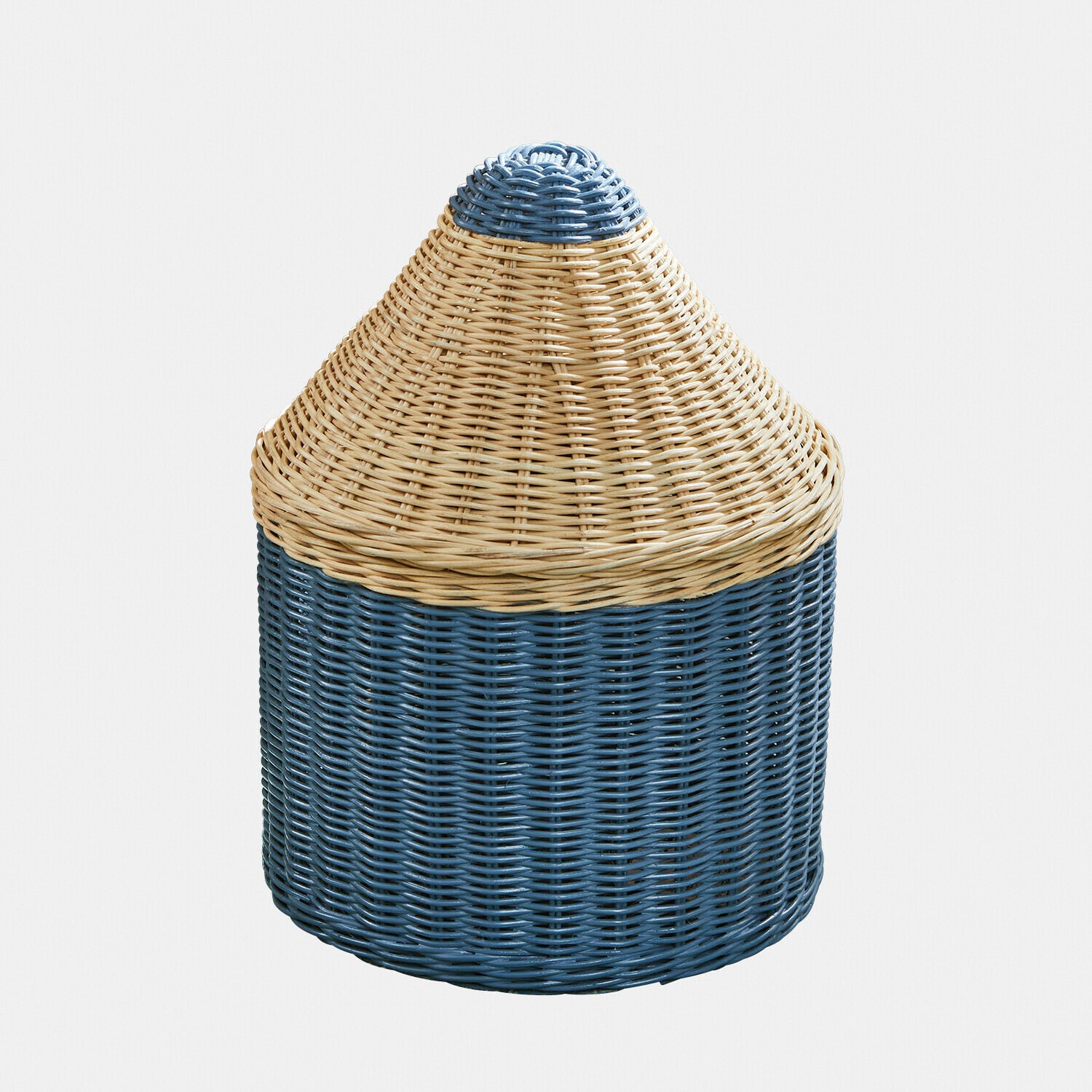 Panier conique en rotin bicolore naturel et bleu, idéal pour le rangement intérieur