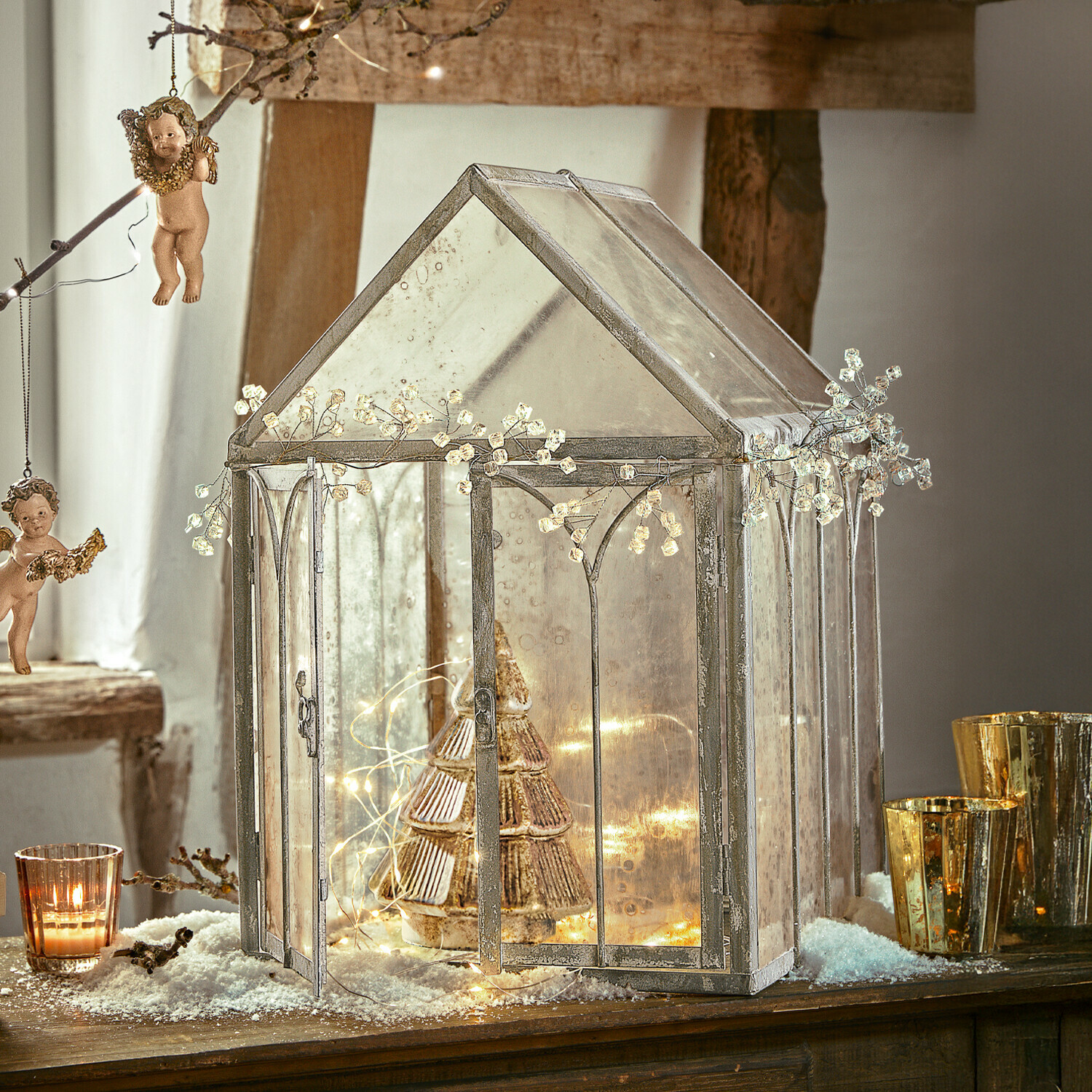 Sierhuisje Bellunas Glazen decoratie in huisvorm met metalen frame en lichtjes, kerstversiering op tafel