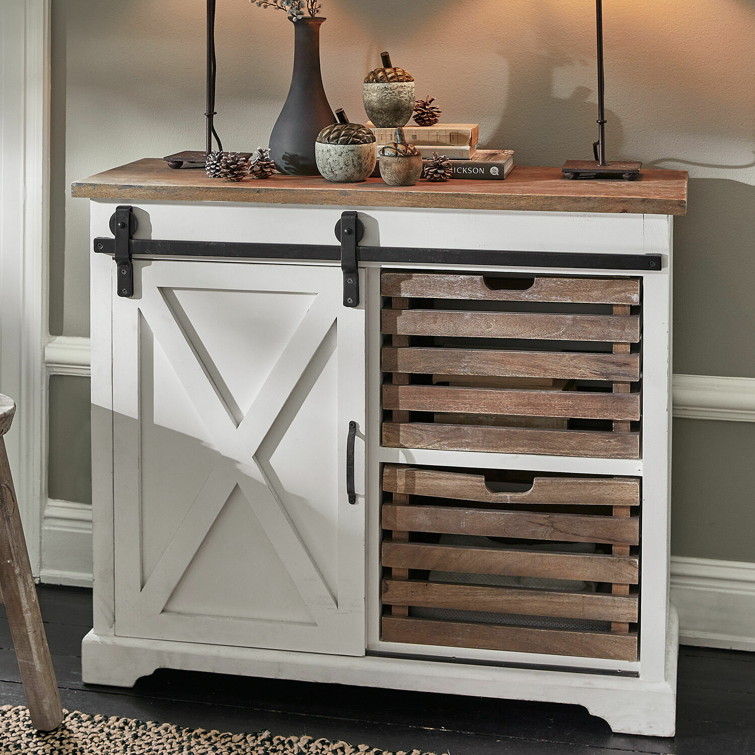Commode Bastid Buffet en bois blanc avec plateau naturel et deux tiroirs en bois style rustique pour rangement