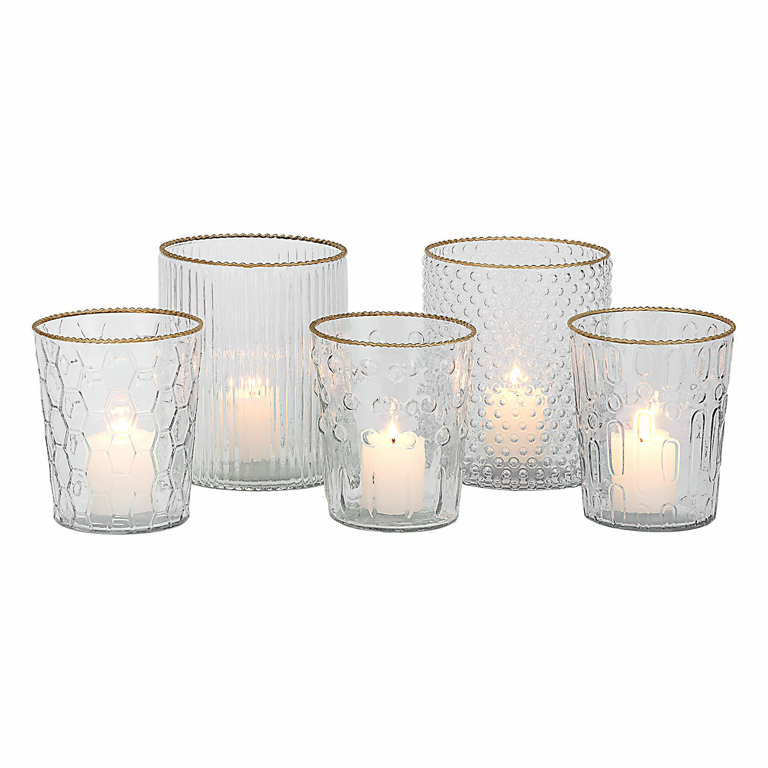 Windlicht set van 5 Rosienne Set van 5 glazen theelichthouders met gouden rand en diverse glasstructuren voor sfeervolle decoratie