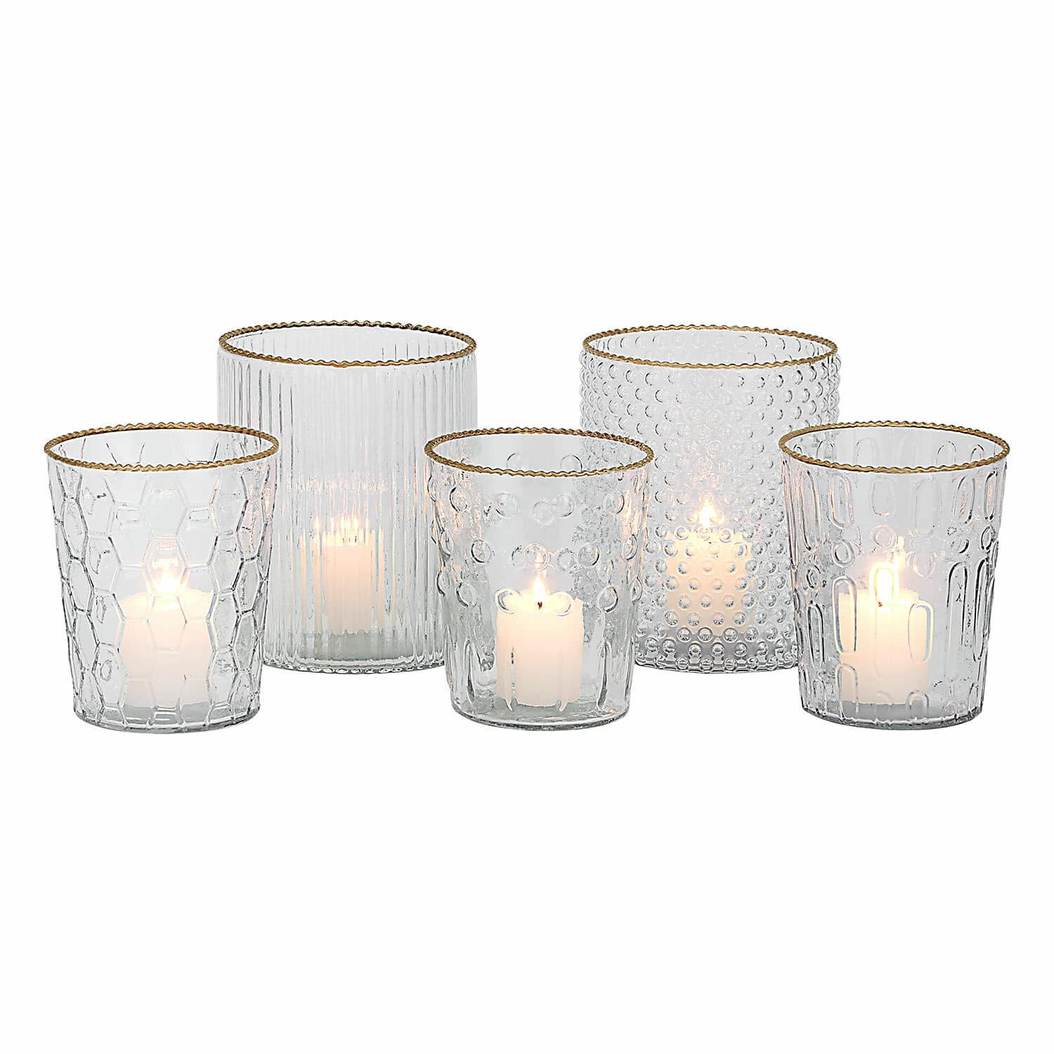 Lot de 5 photophores Rosienne Ensemble de 5 photophores en verre avec bord doré et textures variées pour décoration intérieure élégante