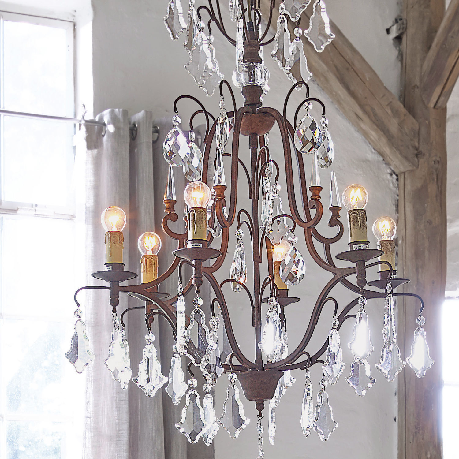 Kroonluchter Saint Pierre Rustieke kroonluchter van bruin metaal met kristallen voor vintage interieur