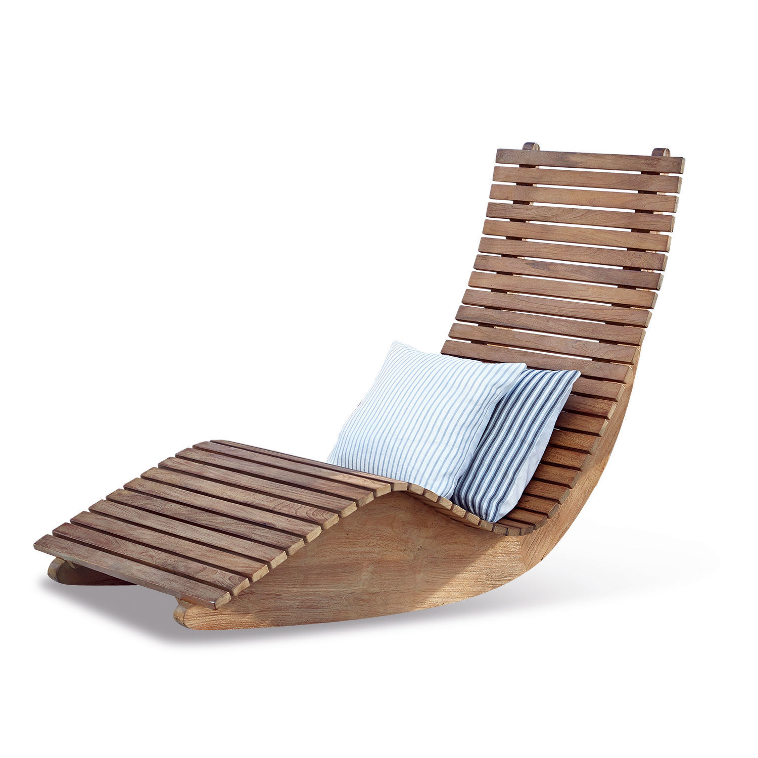 Chaise longue à bascule Wenham Chaise longue en bois de teck naturel avec deux coussins rayés, mobilier d'extérieur confortable