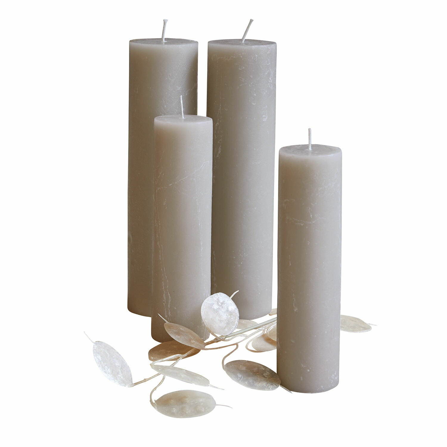 Kaars set van 4 Avinal Set van vier grijze waskaarsen met natuurlijke bladeren voor interieurdecoratie
