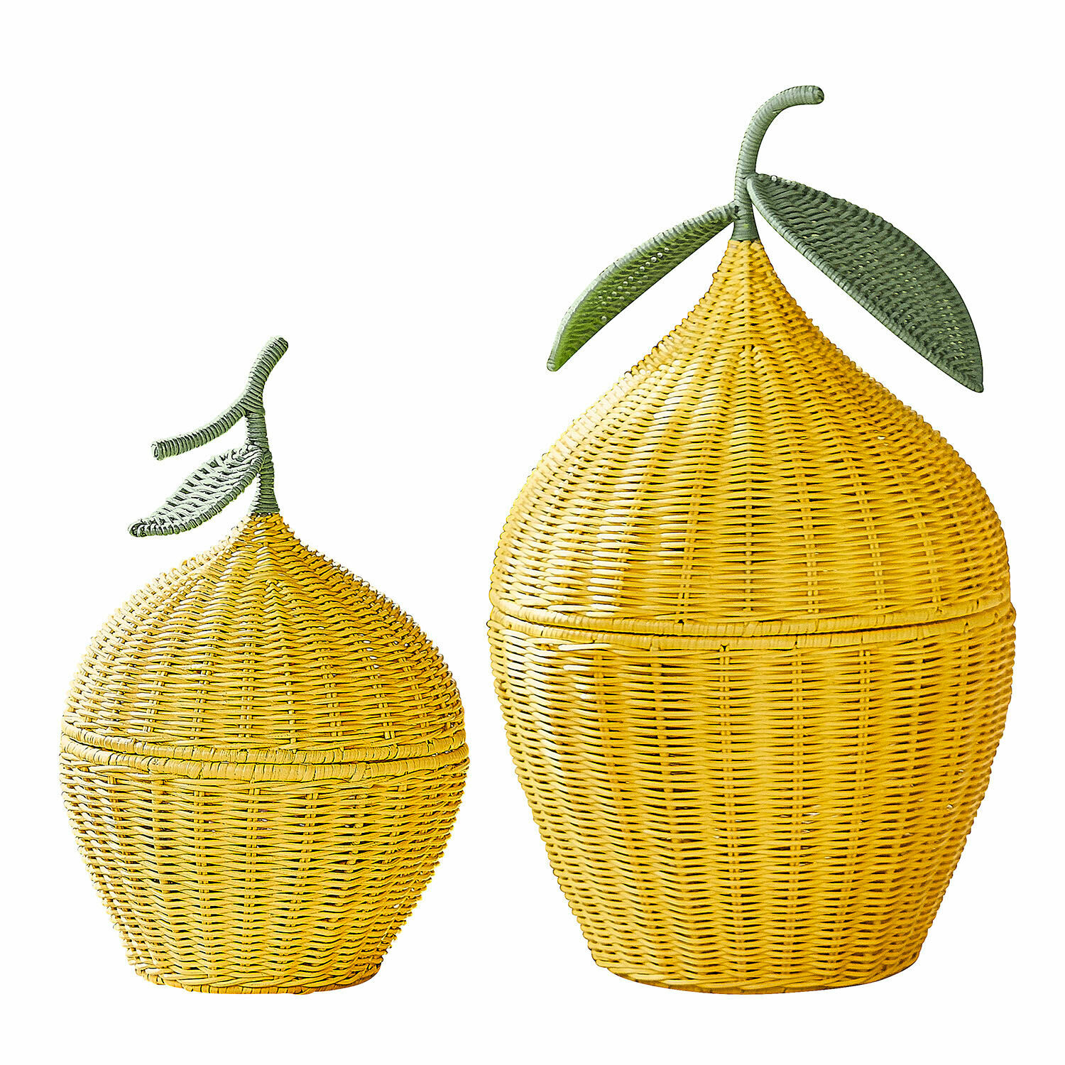Lot de 2 corbeilles citrons Aelindria Ensemble de deux paniers en rotin jaune en forme de fruits avec feuilles vertes, décoration et rangement