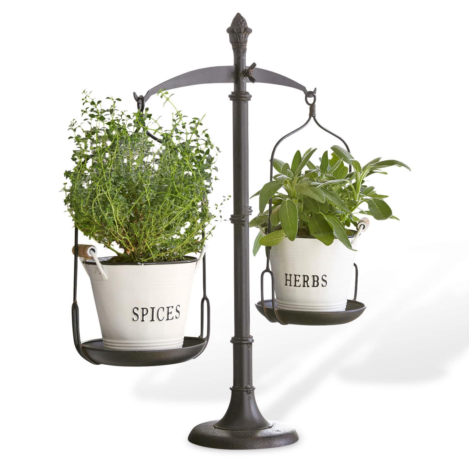 Balance décorative Tynne Balance en métal noir avec deux pots blancs pour herbes et épices avec plantes vertes