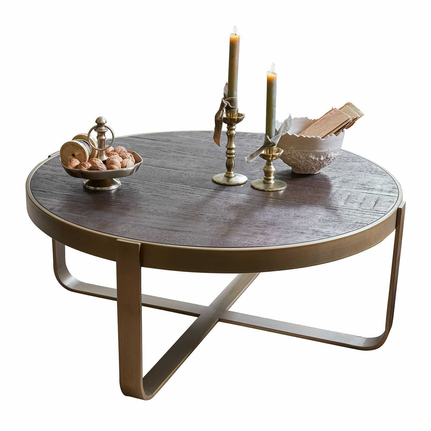 Salontafel Cranthorpe Ronde salontafel van donker hout met messingkleurig metalen frame en decoraties erop