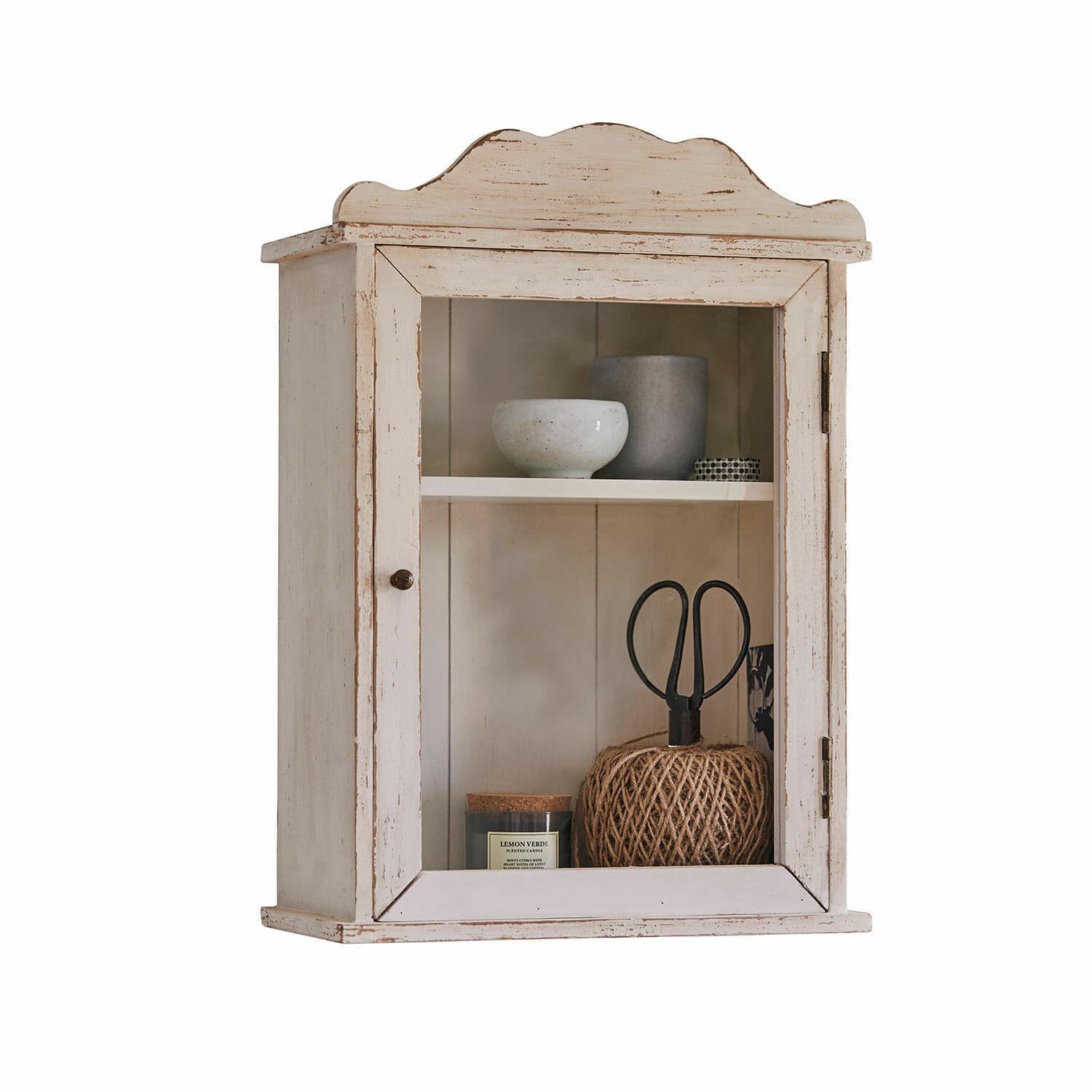 Wandkastje Sandrine Rustieke witte houten wandkast met glazen deur en binnenplank voor decoratie