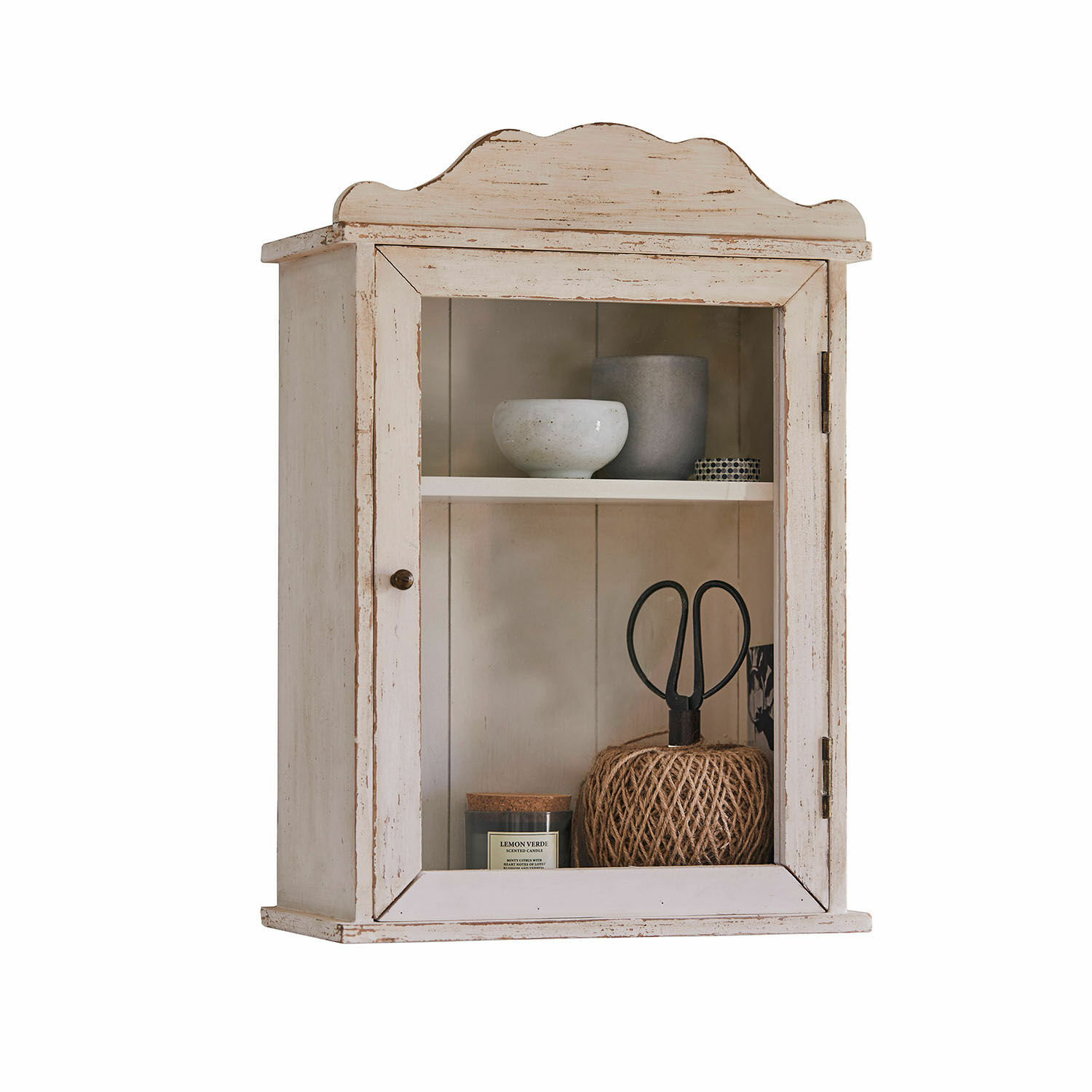 Meuble de rangement mural Sandrine Armoire murale rustique en bois blanc avec porte vitrée et étagère intérieure