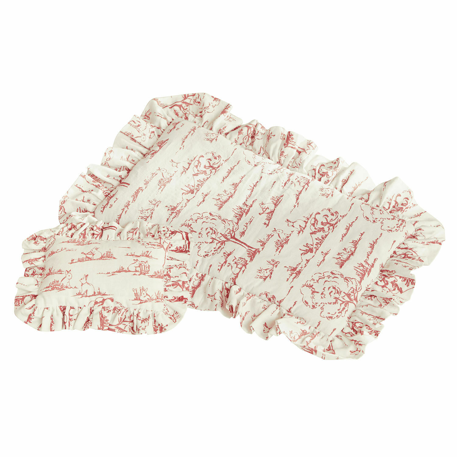 Beddengoed voor poppen Fleurine Set decoratieve katoenen kussens in crème met rood patroon en ruchtrand