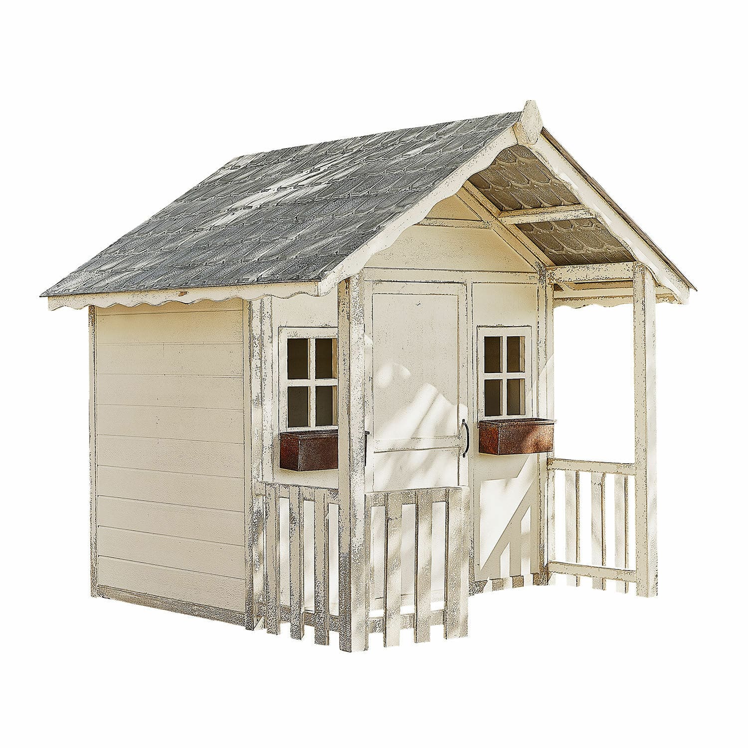 Maisonnette de jardin pour enfant Pouponnet Maisonnette de jardin en bois crème avec toit gris et petite terrasse à balustrade