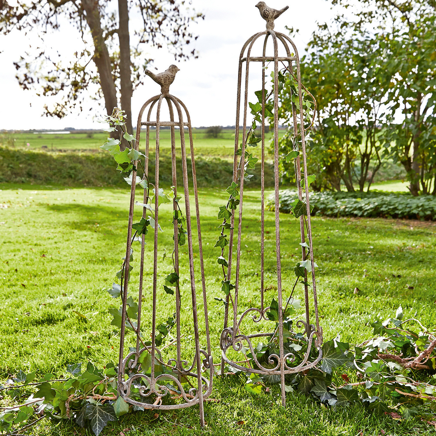 Lot de 2 treillages Orianne Tuteurs de jardin en métal rouillé avec figurines d'oiseaux pour soutenir les plantes grimpantes