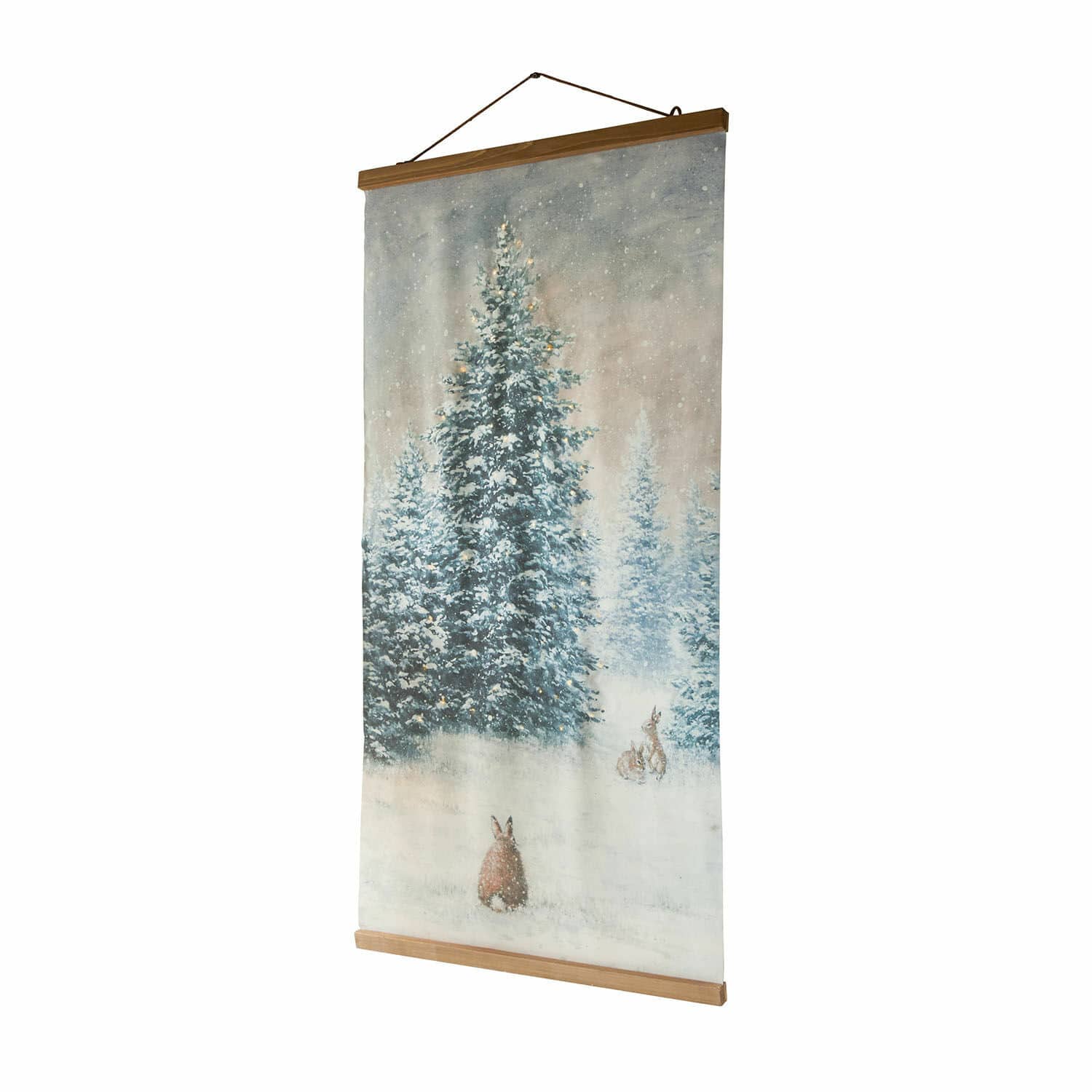Afbeelding met ledlampjes Orpique Hangend doek met winters tafereel van besneeuwde bomen en hazen met houten lijst