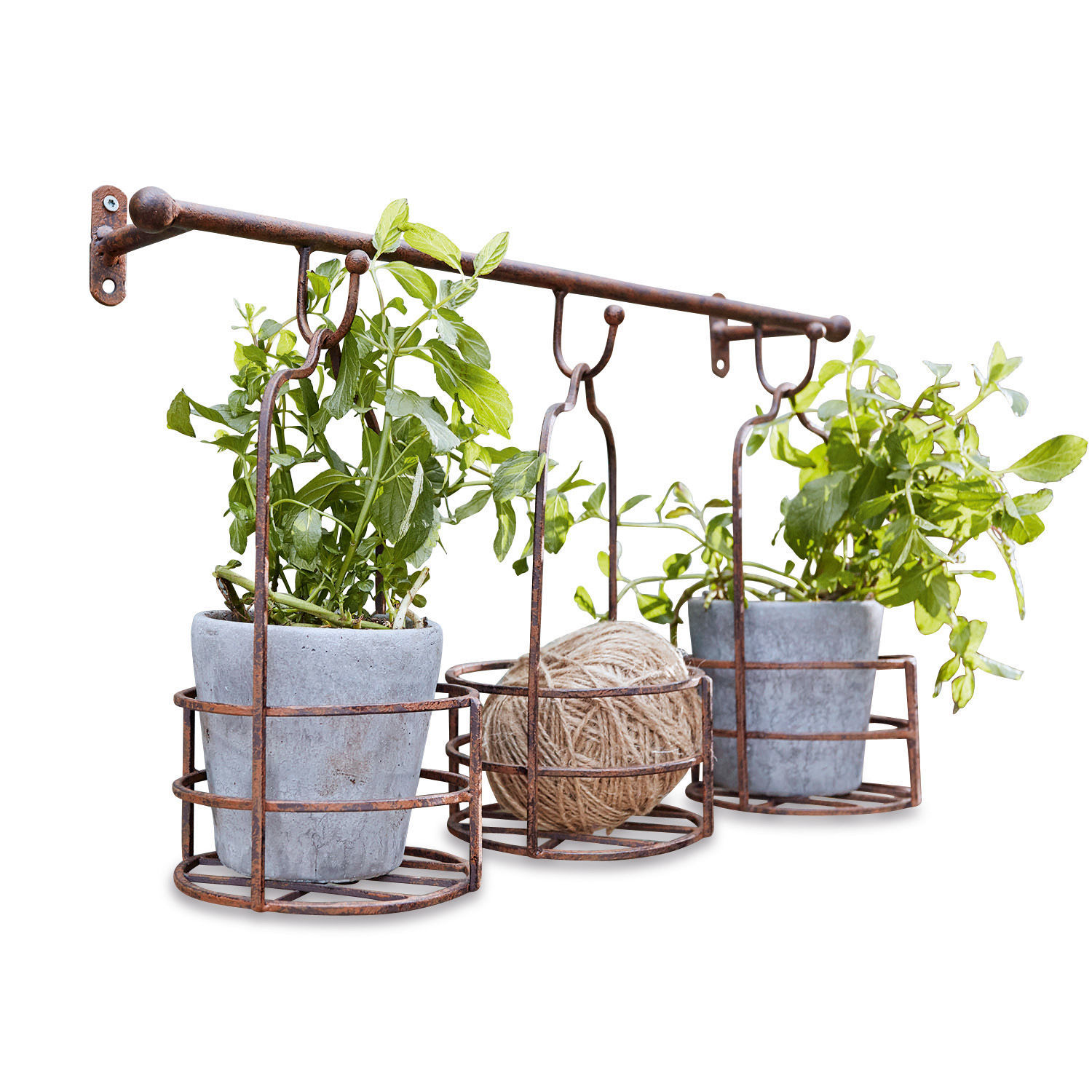 Wandrek met plantenmanden Hemente Roestige metalen wandhouder met drie ronde houders voor plantenpotten en tuintouw