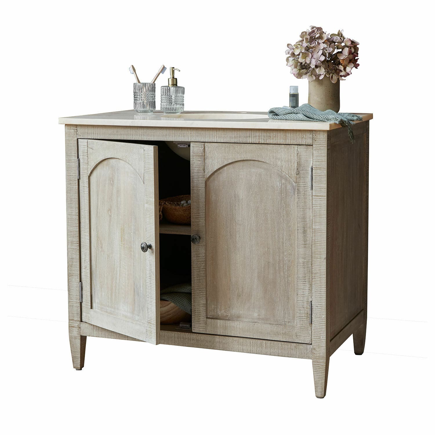 Wastafelmeubel Strathmere Badmeubel van natuurlijk hout met marmeren blad en bloemendecoratie