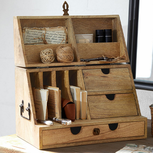 Boîte en bois avec compartiments et tiroirs pour organiser documents et accessoires de bureau