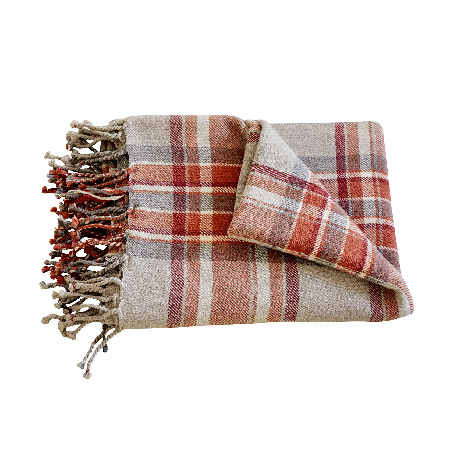 Plaid Tartan Zachte geruite plaid met franjes in beige en roodtinten, perfect voor interieurdecoratie