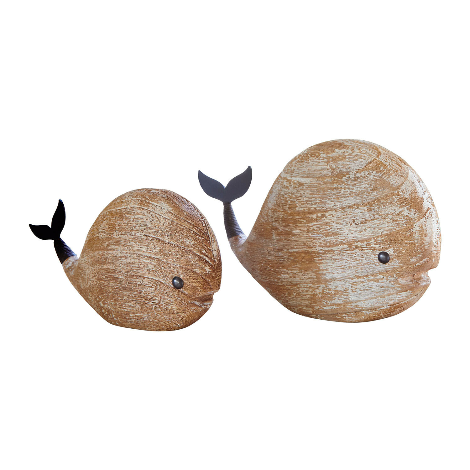 Decoratieve walvis set van 2 Brisdon Houten walvisdecoraties in twee maten met zwarte staarten, natuurlijke houtkleur
