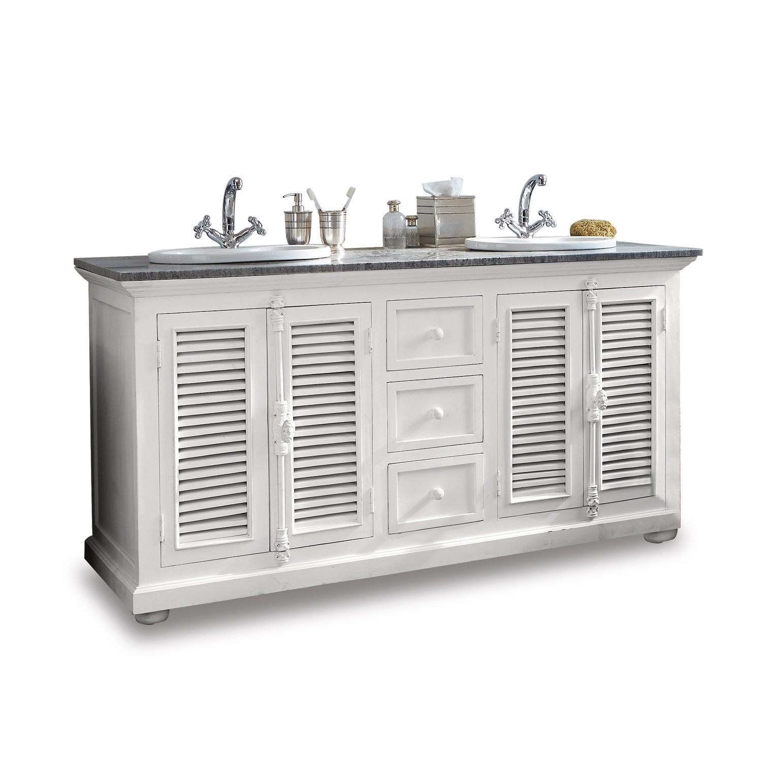 Dubbele wastafel South Paris Witte houten badkamerkast met dubbele wastafel en lades voor badkameraccessoires