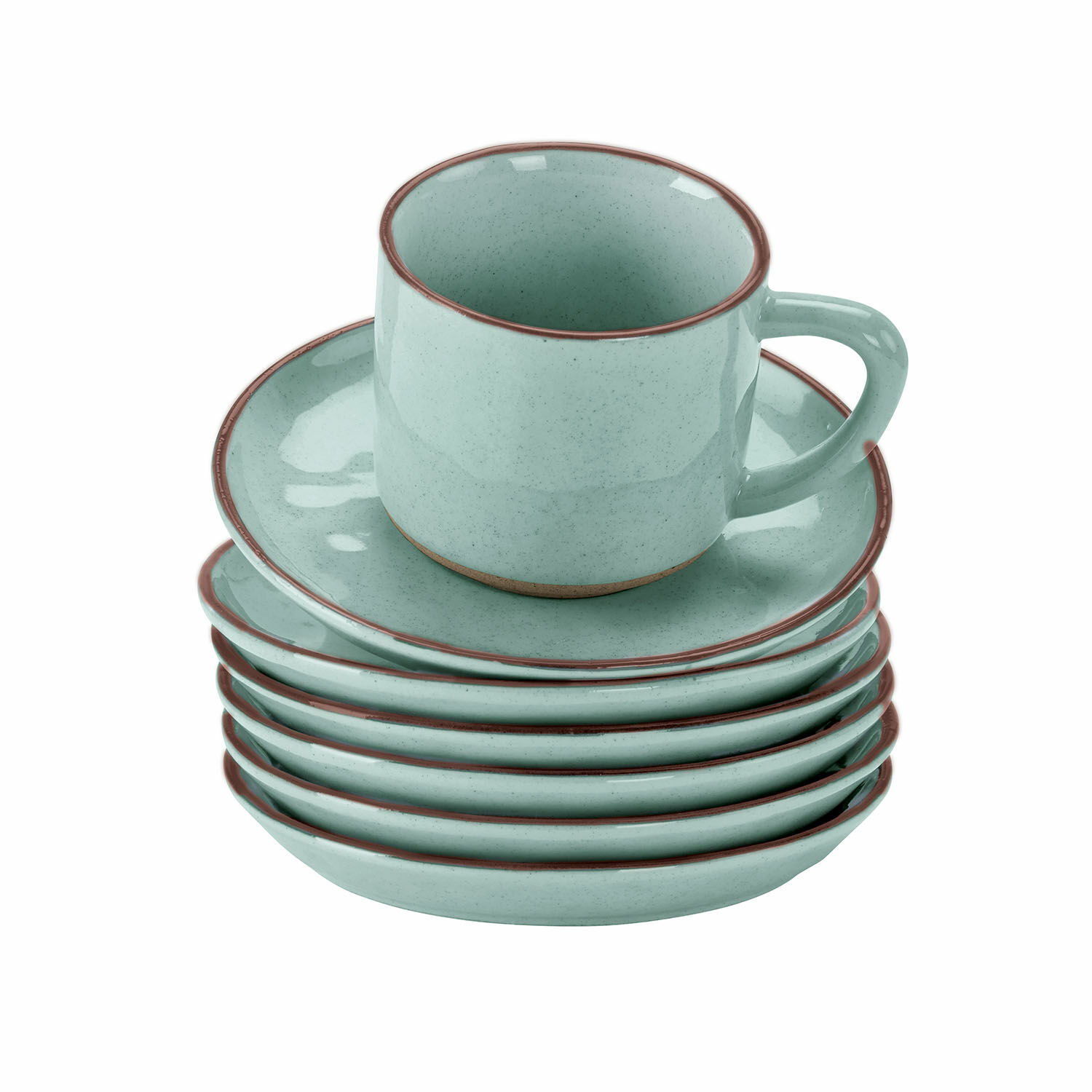 turquoise Set van 6 turquoise keramische kopjes met schotels Biarritz voor koffie en thee
