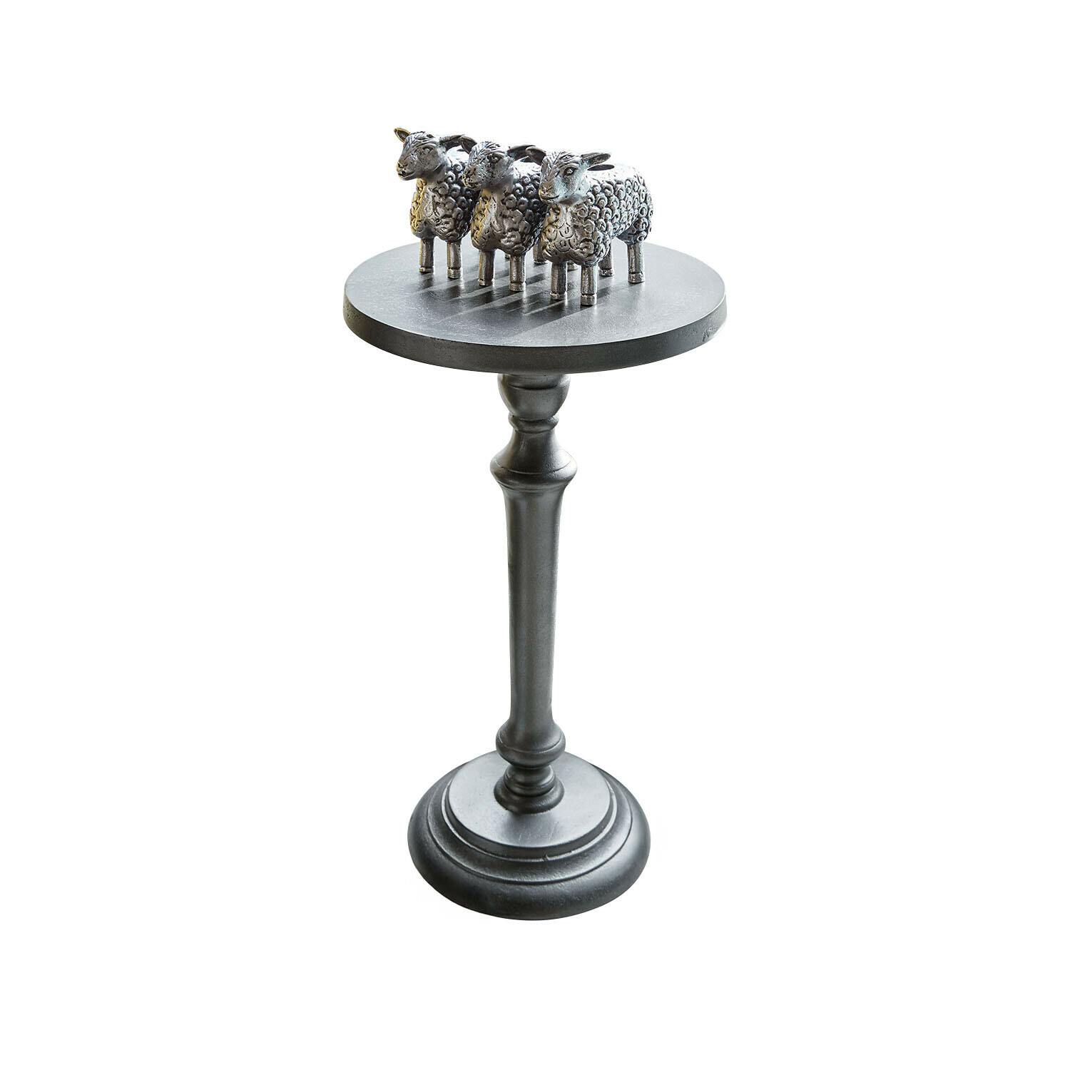 Table d"appoint Séverac Support noir en métal avec trois figurines de moutons décoratives sur une base ronde