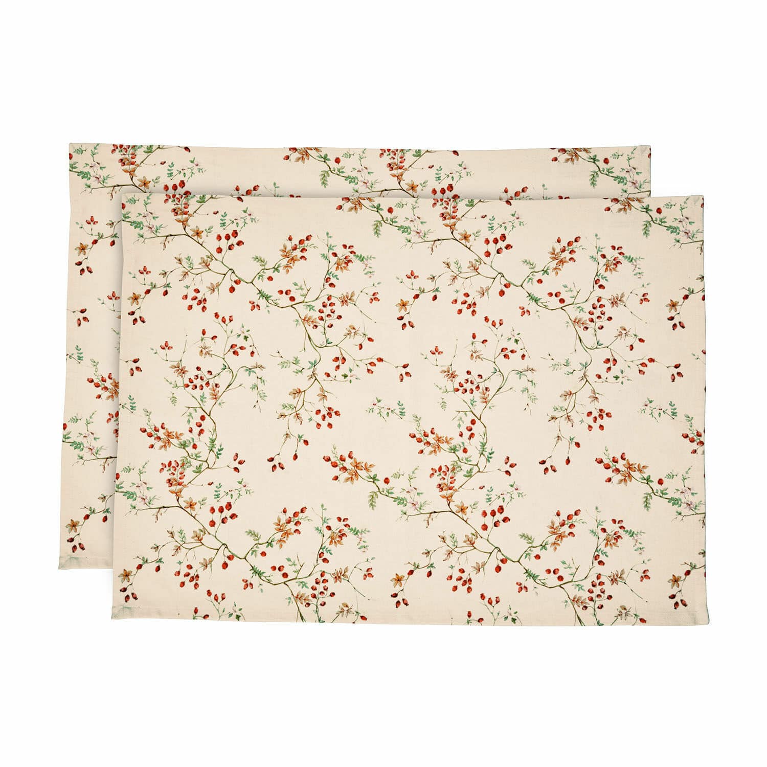 Lot de 2 torchons Mauriac Lot de deux sets de table en coton crème avec motif de petites baies rouges et branches vertes pour décoration de table