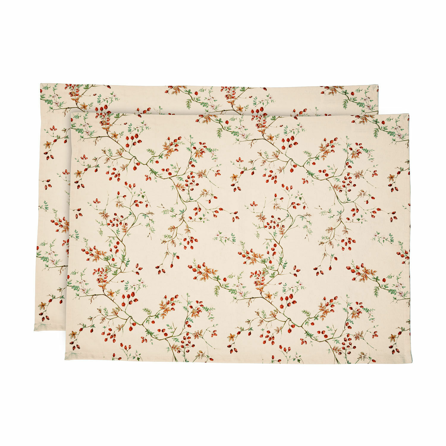 Lot de 2 torchons Mauriac Lot de deux sets de table en coton crème avec motif de petites baies rouges et branches vertes pour décoration de table
