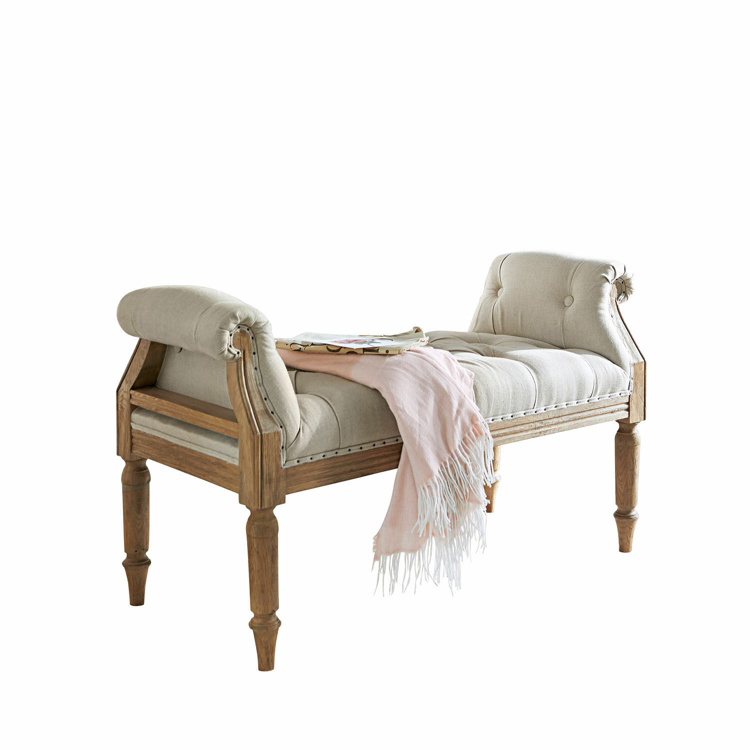 Banquette Griveta Banc rembourré en tissu beige avec cadre en bois, décoré d'un plaid rose