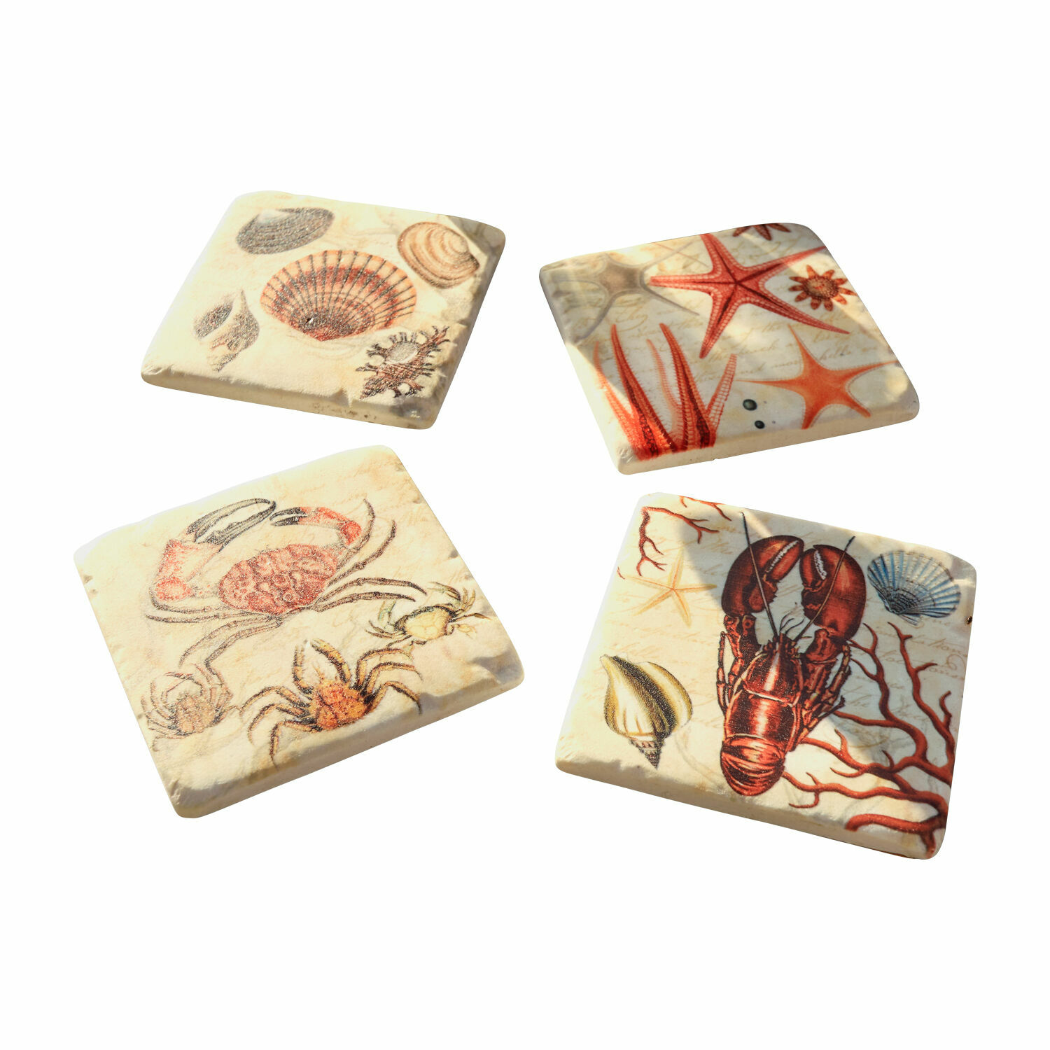 Onderzetter set van 4 Celorin Set van vier keramische onderzetters met maritieme motieven in beige en rood voor interieurdecoratie