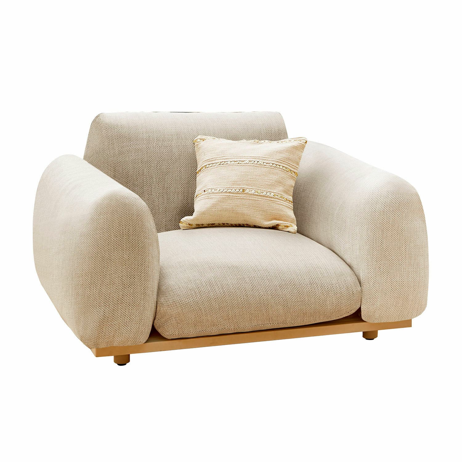 Fauteuil Savinard Fauteuil beige en tissu doux avec coussin décoratif sur base en bois pour salon moderne