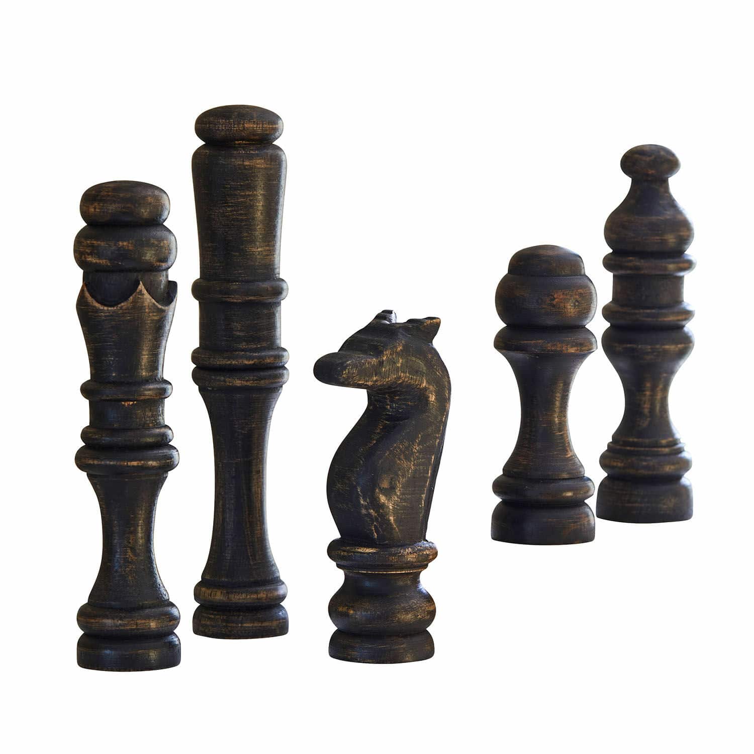 Deco-object set van 5 Guillemineau Set van vijf grote zwarte houten schaakstukken met verouderde afwerking, stijlvolle tafeldecoratie
