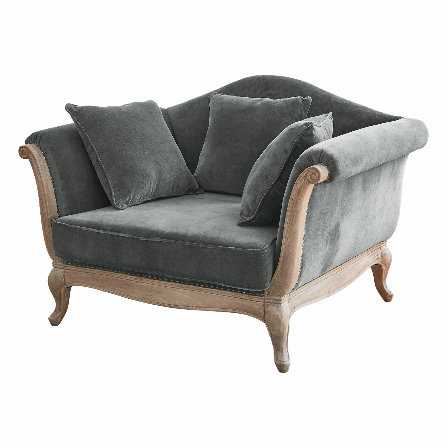 antraciet/antiekbruin Fauteuil Sumerset met antiekbruin houten frame en grijze fluwelen bekleding, comfortabele woonkamerstoel