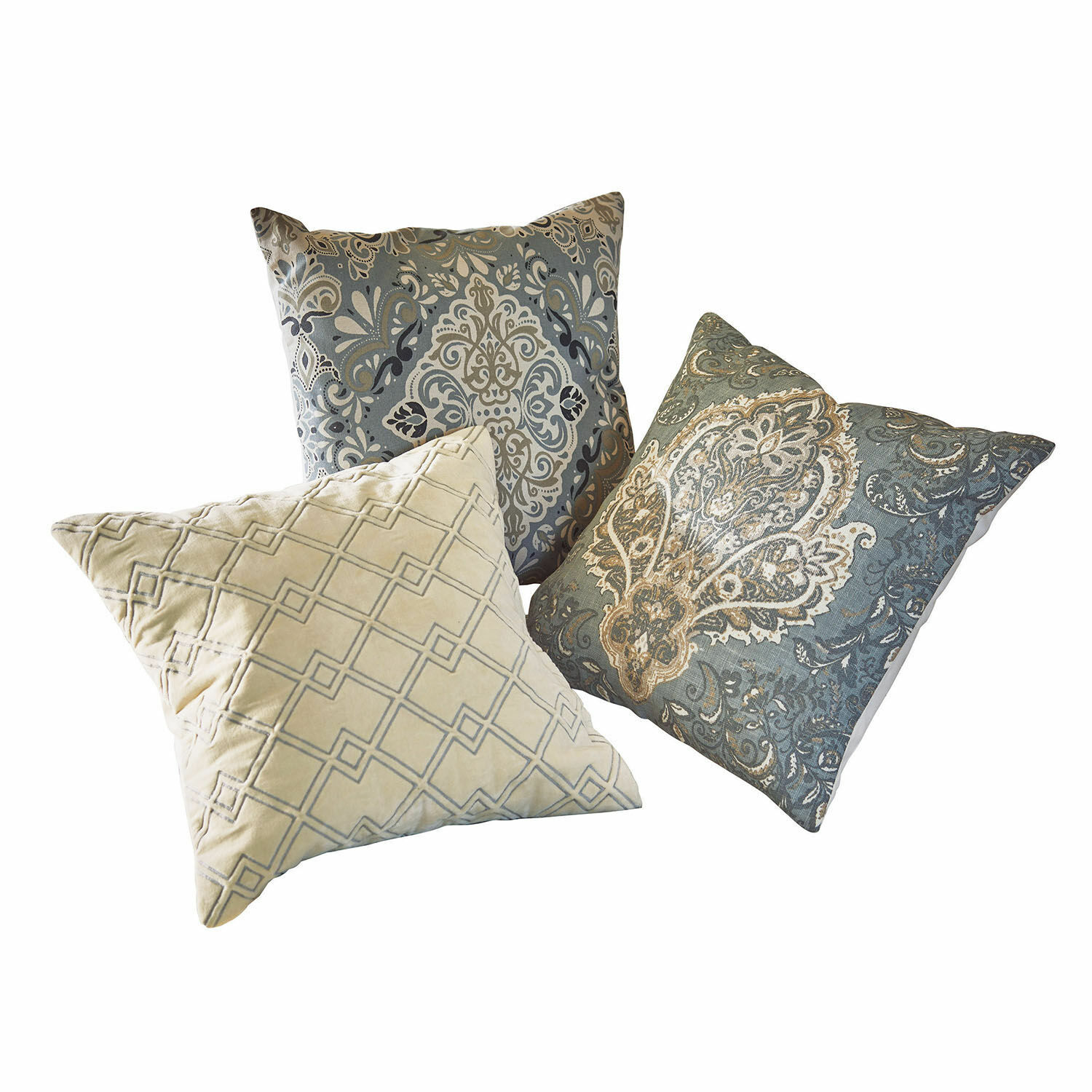 Kussenhoes set van 3 Madalena Set van drie decoratieve kussens met beige en blauwe patronen voor de woonkamer