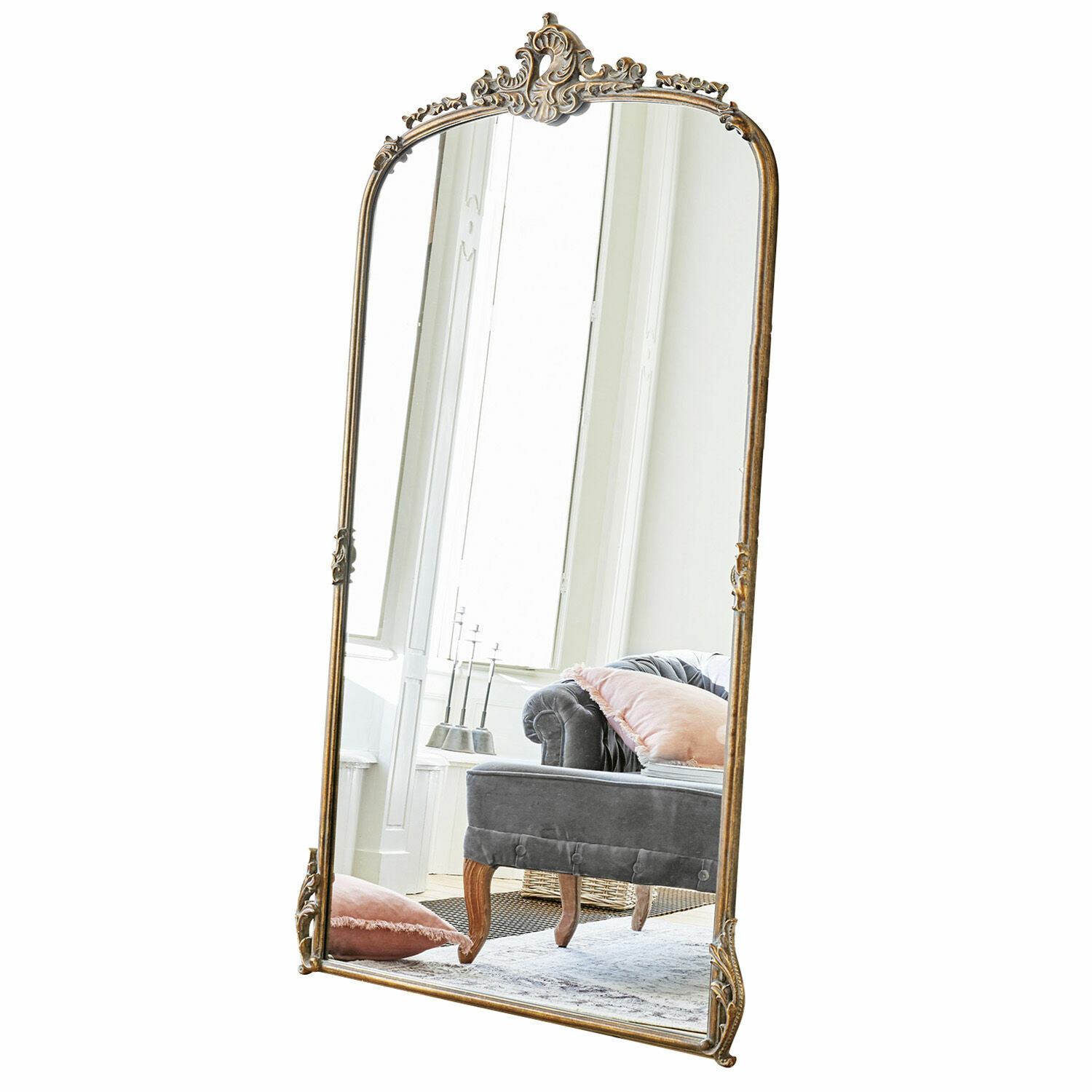 Miroir Choni Grand miroir sur pied avec cadre doré orné, style vintage pour salon élégant