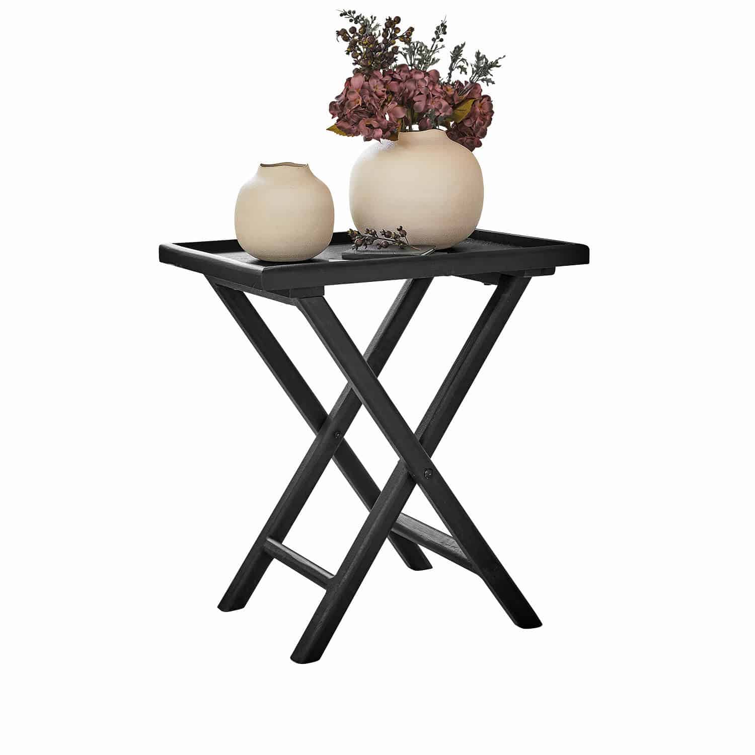 Bijzettafel Paventino Zwart inklapbaar houten tafeltje met twee beige keramische vazen en bloemdecoratie