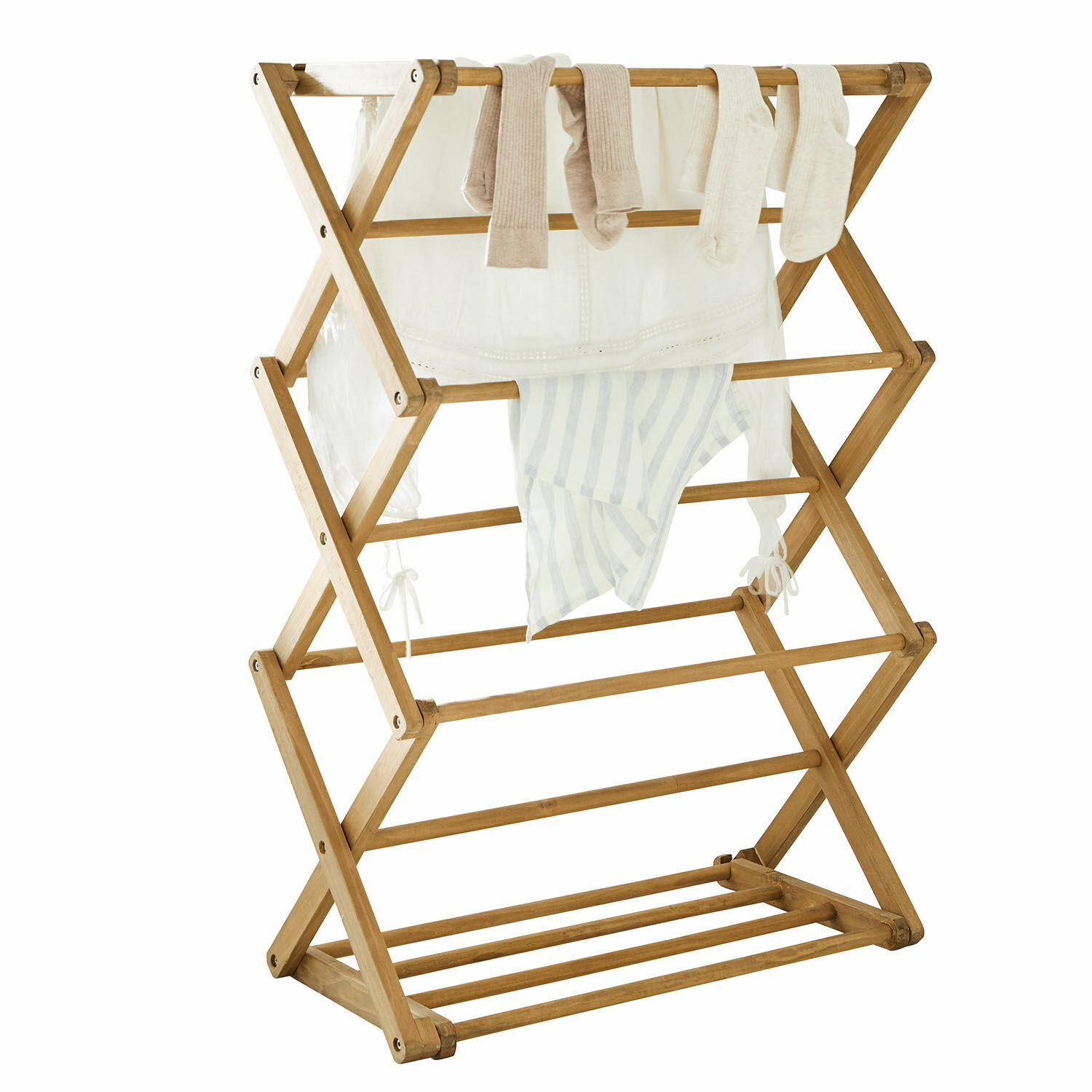 Wasrek Elodielle Houten inklapbare wasdroger met beige en witte kleding voor binnen drogen