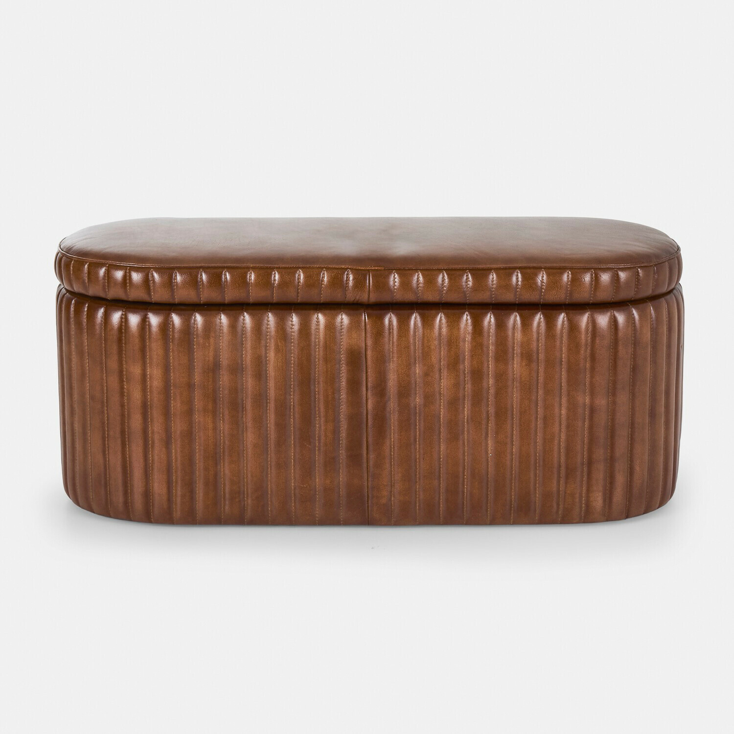 Bankje Jolivon Bruine leren poef met verticale stiksels, elegante meubel voor woonkamer en opbergruimte