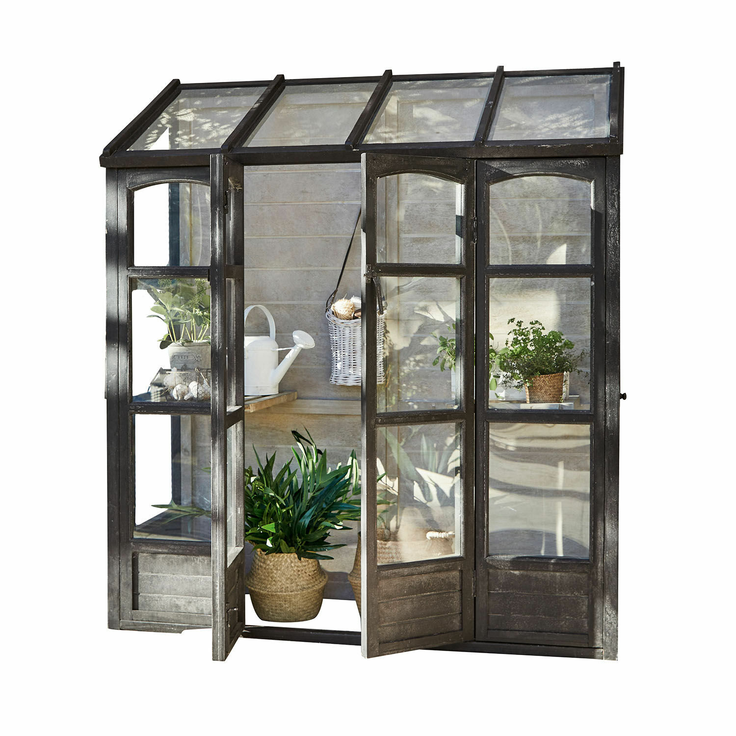 Serre Abilenne Serre de jardin en métal noir avec étagères et plantes, parfaite pour cultiver herbes et fleurs