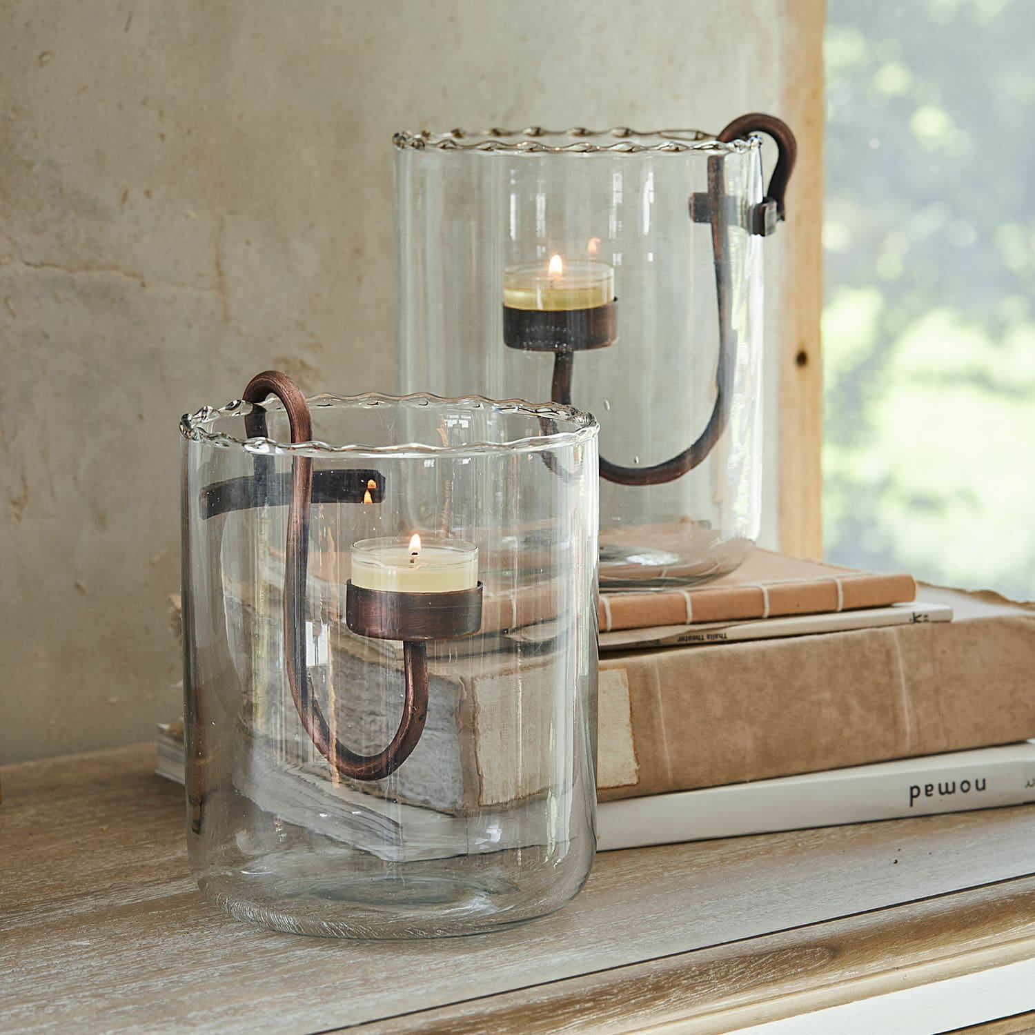 Windlicht set van 2 Lynn Glazen windlicht met koperen metalen handvat voor witte kaars, interieurdecoratie