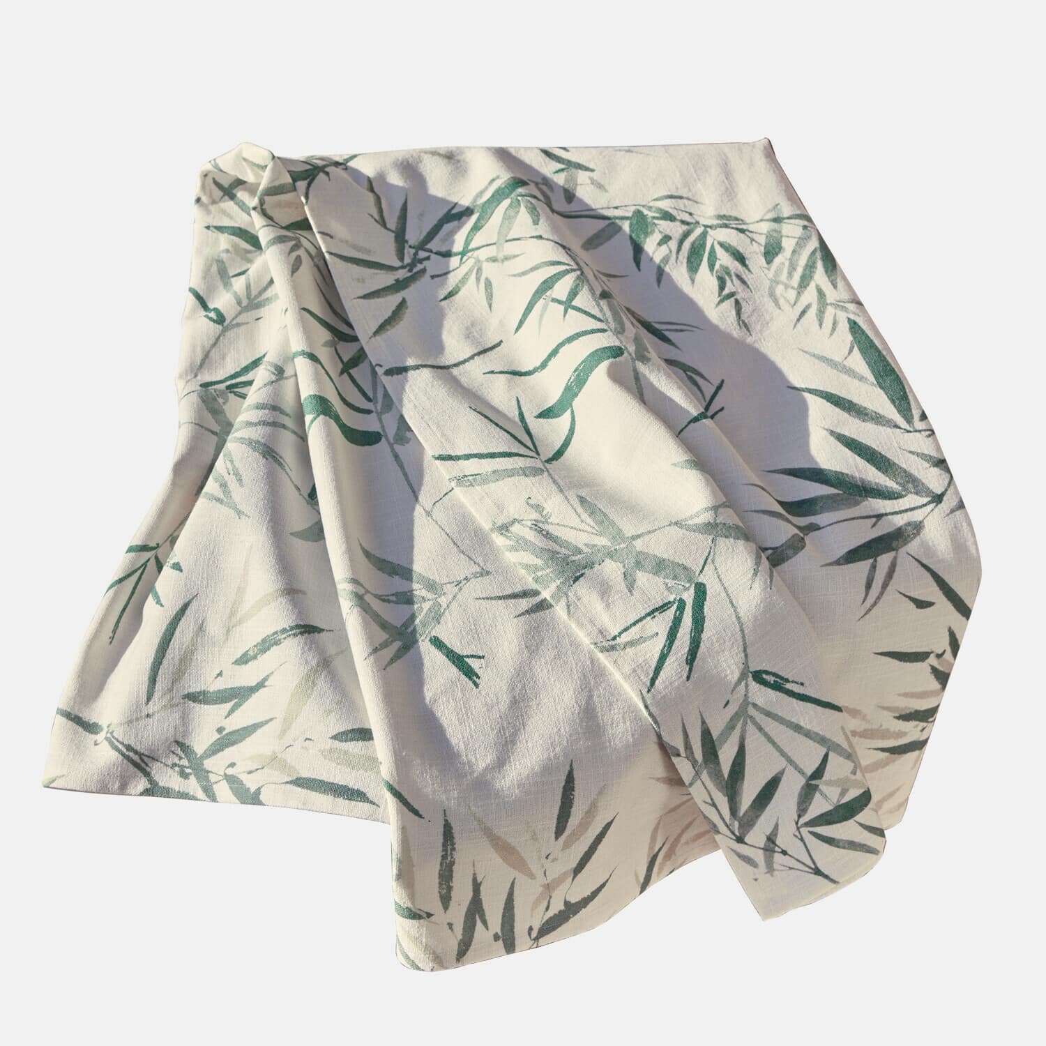 Plaid Clarisa Nappe en lin blanc avec motif de feuilles vertes, textile décoratif naturel pour la maison