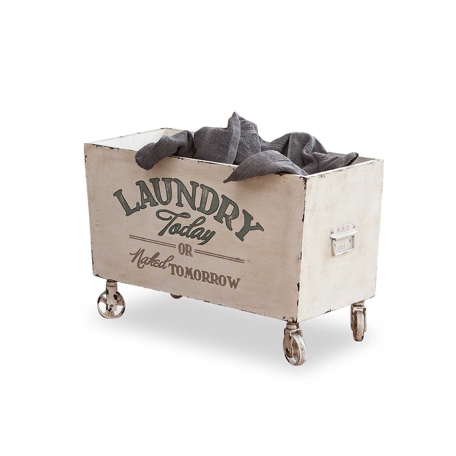 Houten kist Today Vintage metalen wasmand op wieltjes gevuld met grijze handdoeken