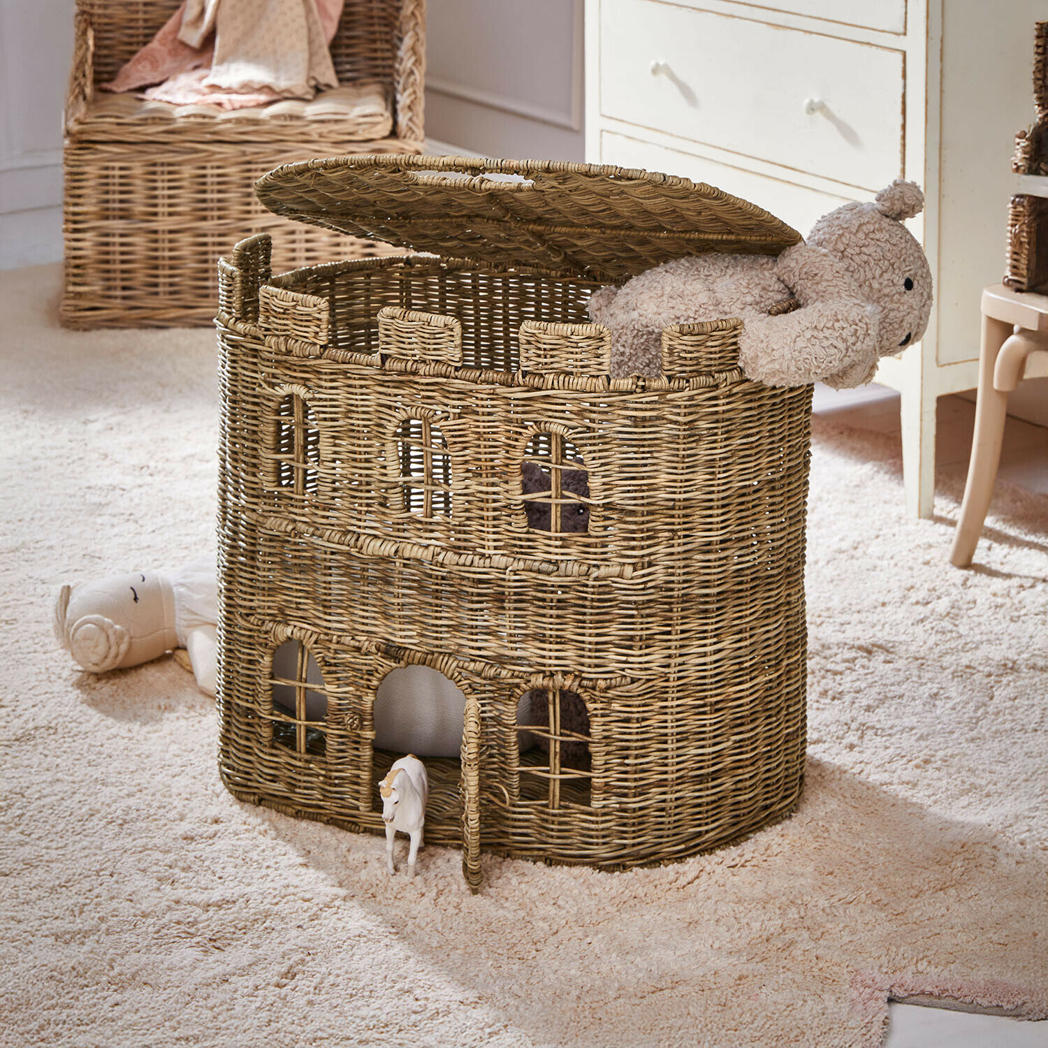 Kasteelvormige mand Bumbala Opbergmand van rotan in kasteelvorm met speelgoed, natuurlijke kleur, praktische organizer voor kinderkamer
