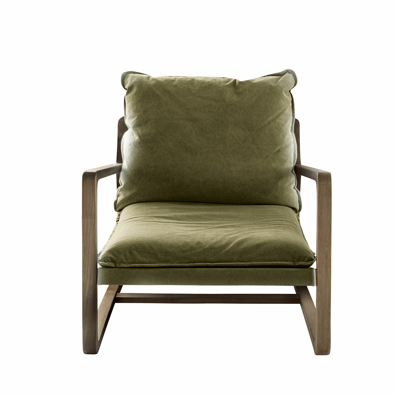 Fauteuil Jowna vert en tissu avec cadre en bois marron, design moderne et confortable