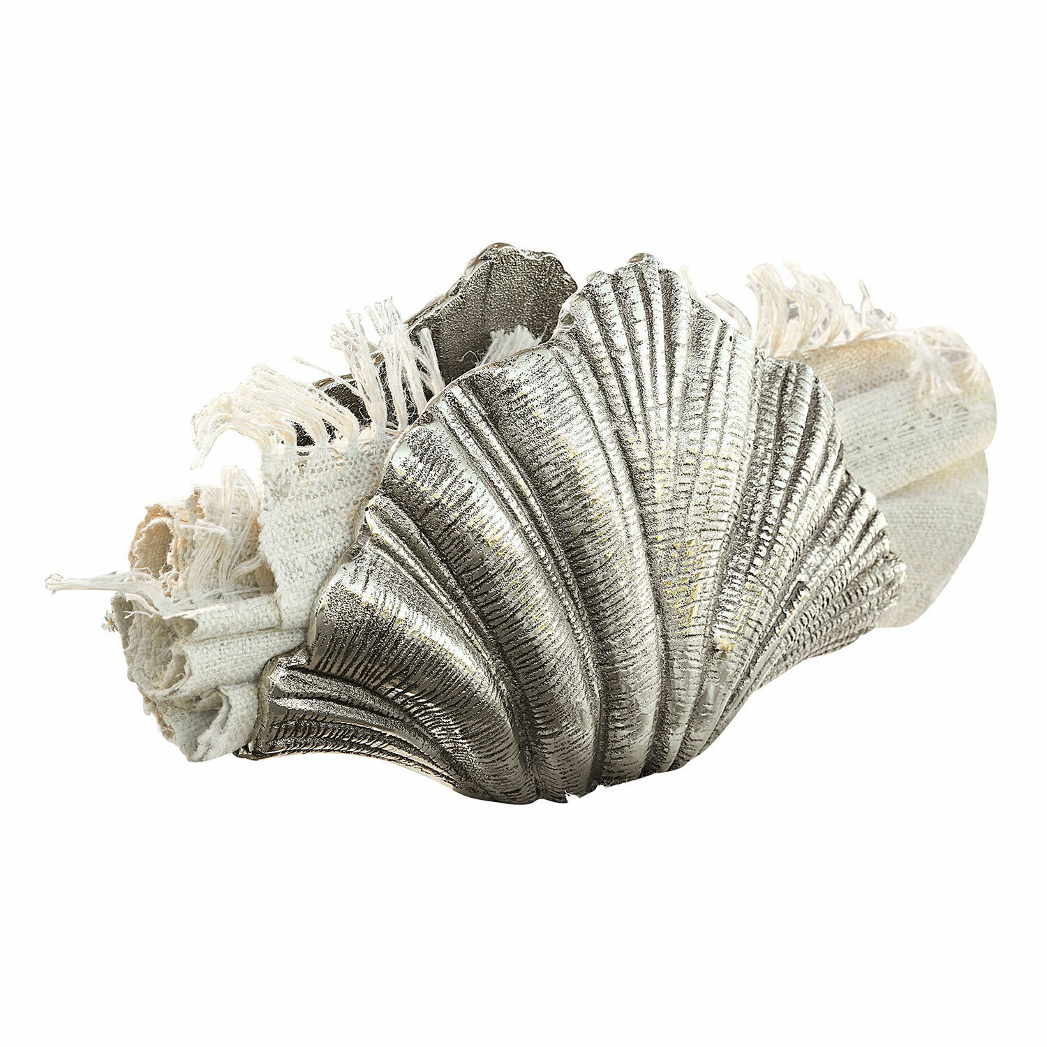 Objet décoratif Montarel Anneau de serviette en métal argenté en forme de coquillage avec serviette en lin blanc