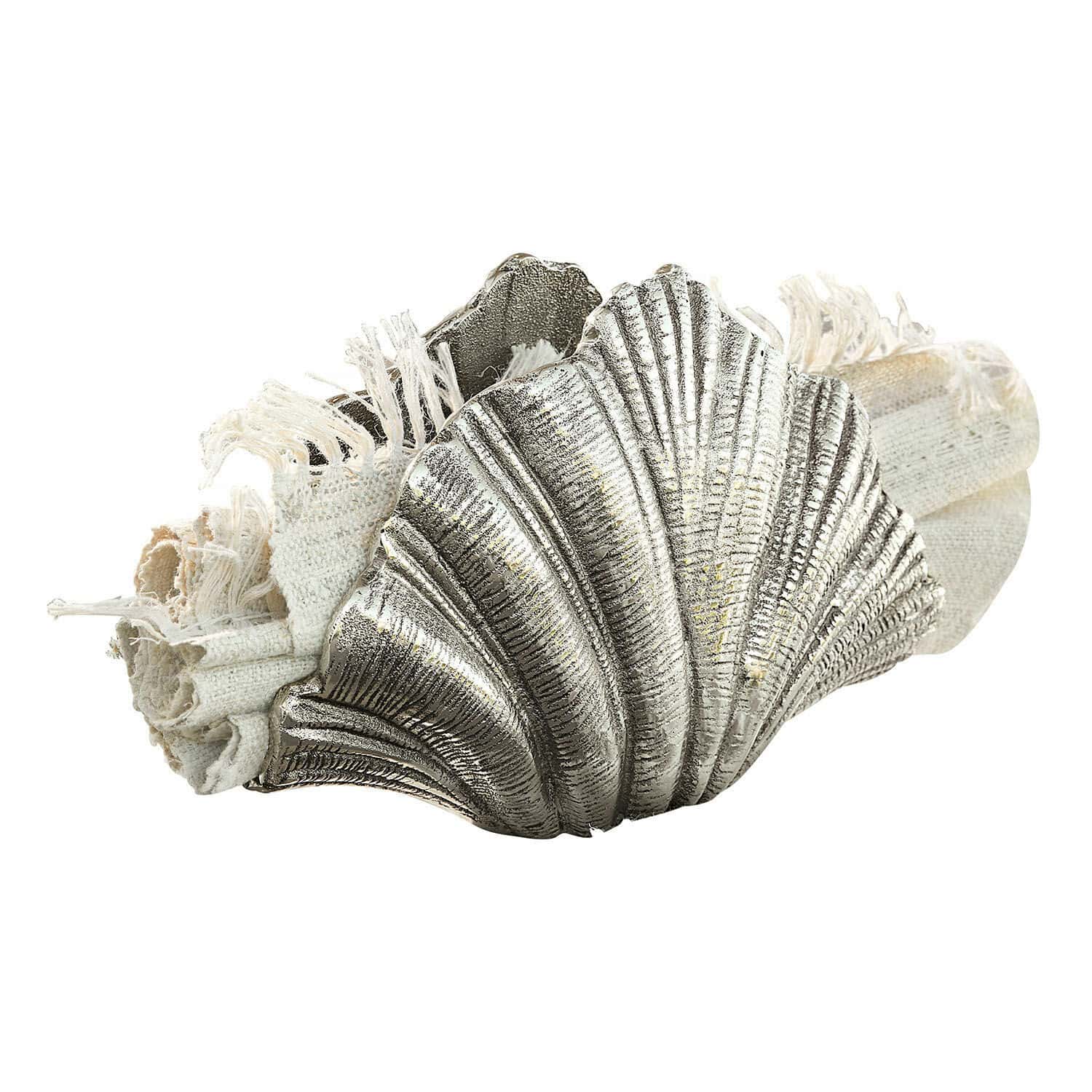 Objet décoratif Montarel Anneau de serviette en métal argenté en forme de coquillage avec serviette en lin blanc