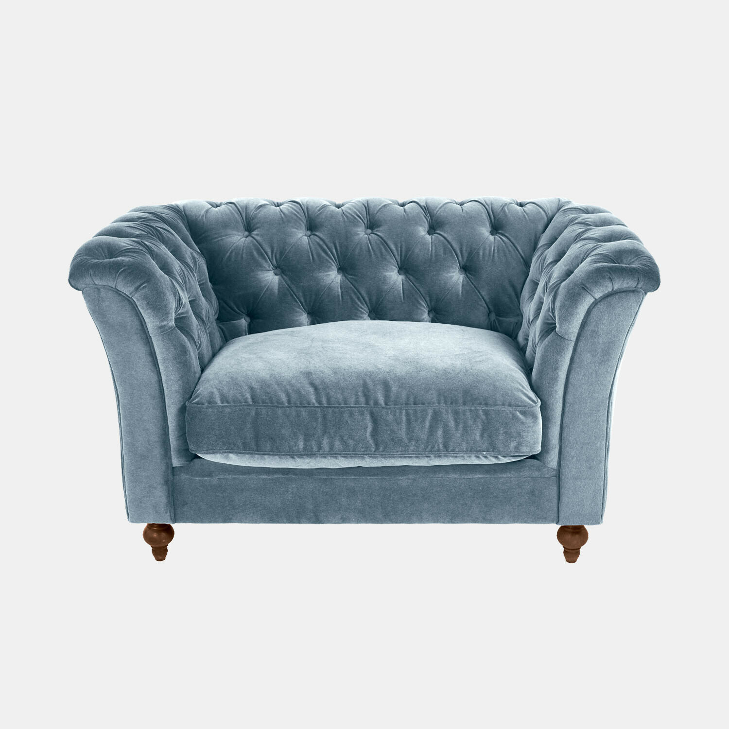Canapé bleu en velours avec dossier capitonné et pieds en bois, meuble confortable pour salon