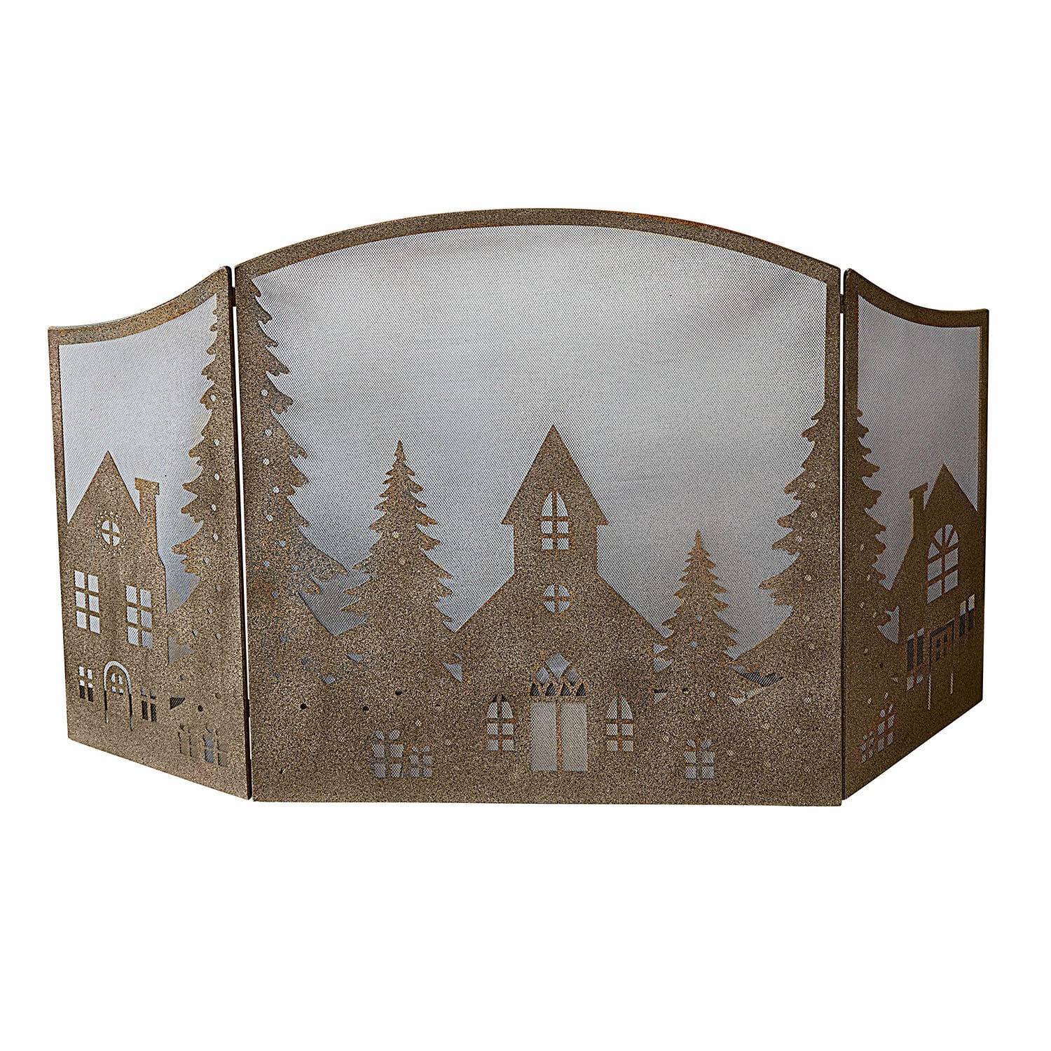 Pare-feu de cheminée Torsenholm Pare-feu en métal brun avec motifs de maisons et sapins, protection pratique pour cheminée