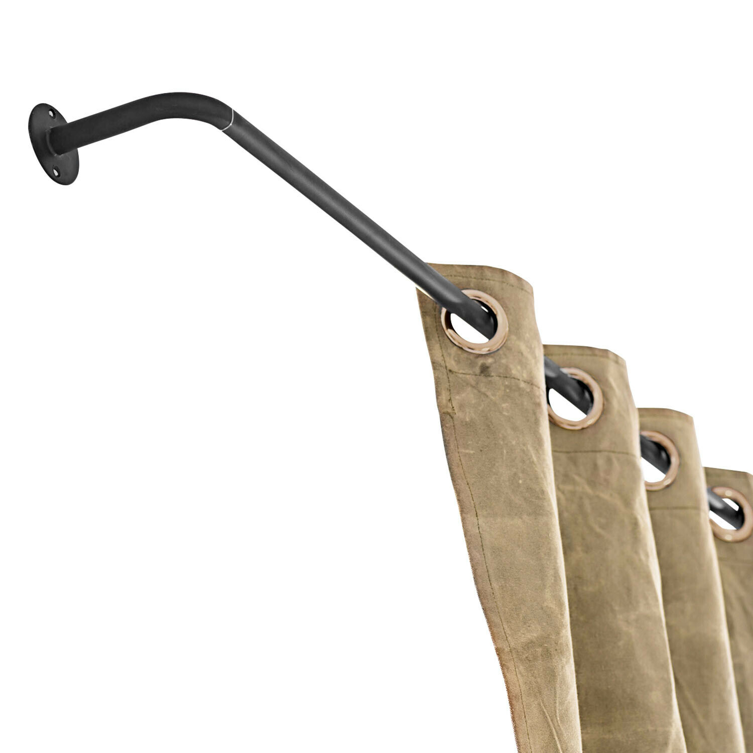 Gordijnroede Omara Zwarte metalen gordijnroede met beige ringen en natuurlijke stof voor raamdecoratie